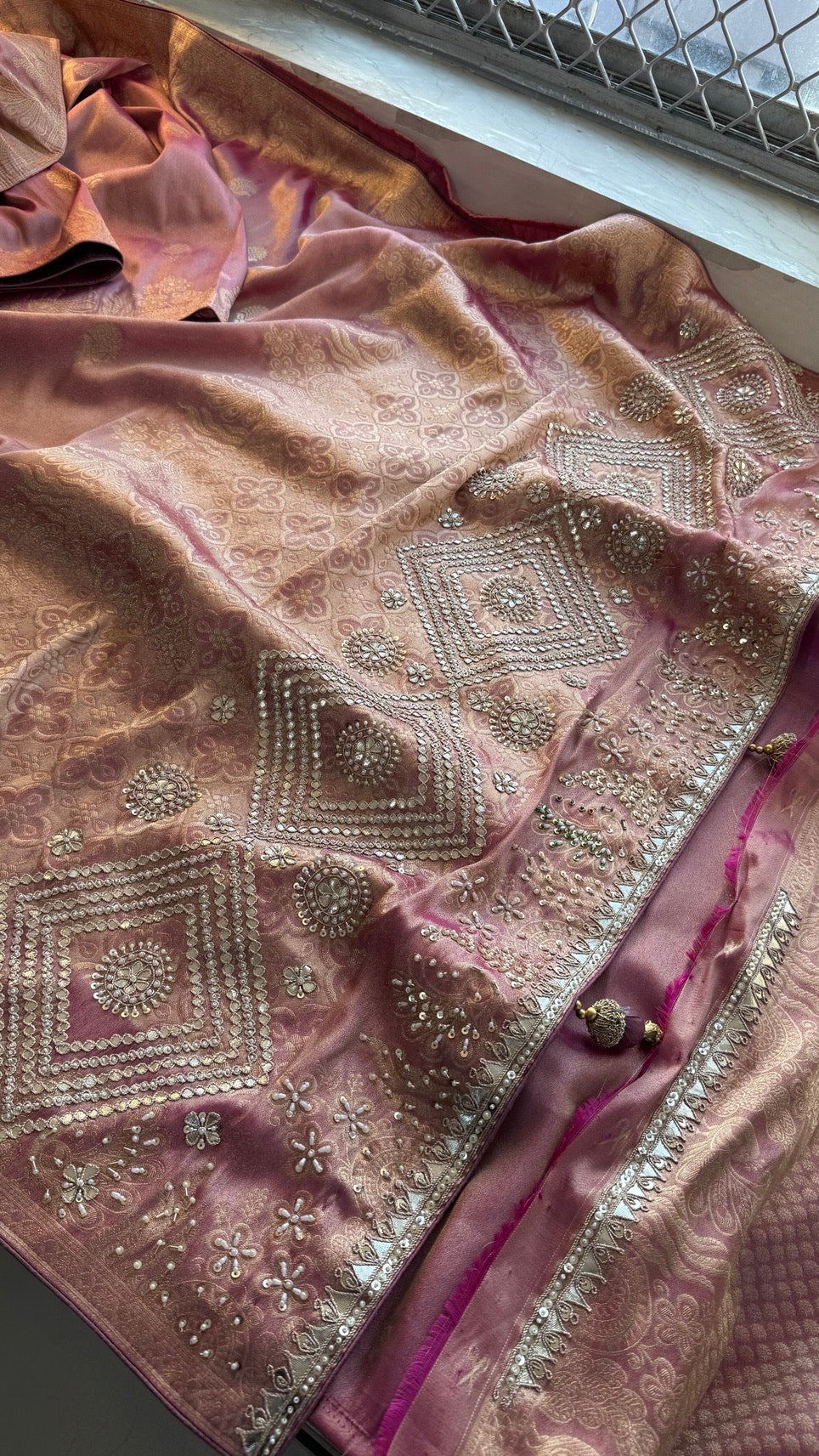 Soft Tissue Silk Banarasi Weaving Saree with Zardozi, Gotapatti, Pearl & Sequin Work