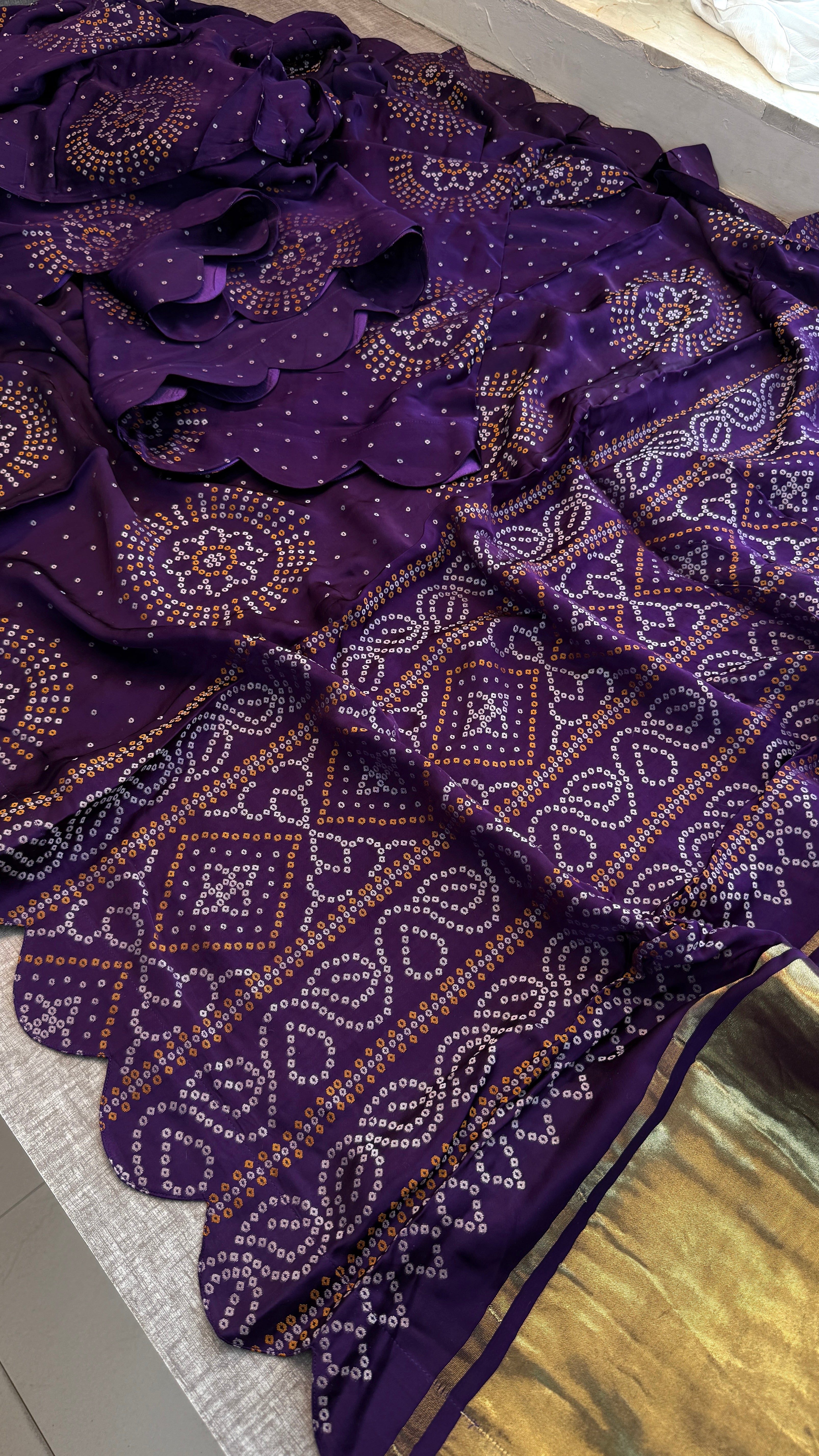 Pure Satin Silk Golden Bandhani weaving saree with lakdi patta