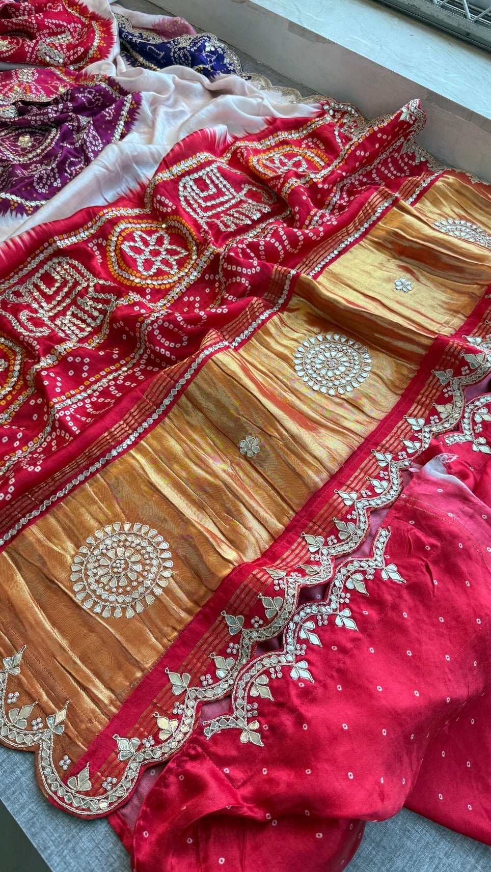 Elegant Gajji Silk Saree with Bandhani Prints & Handcrafted Embellishments