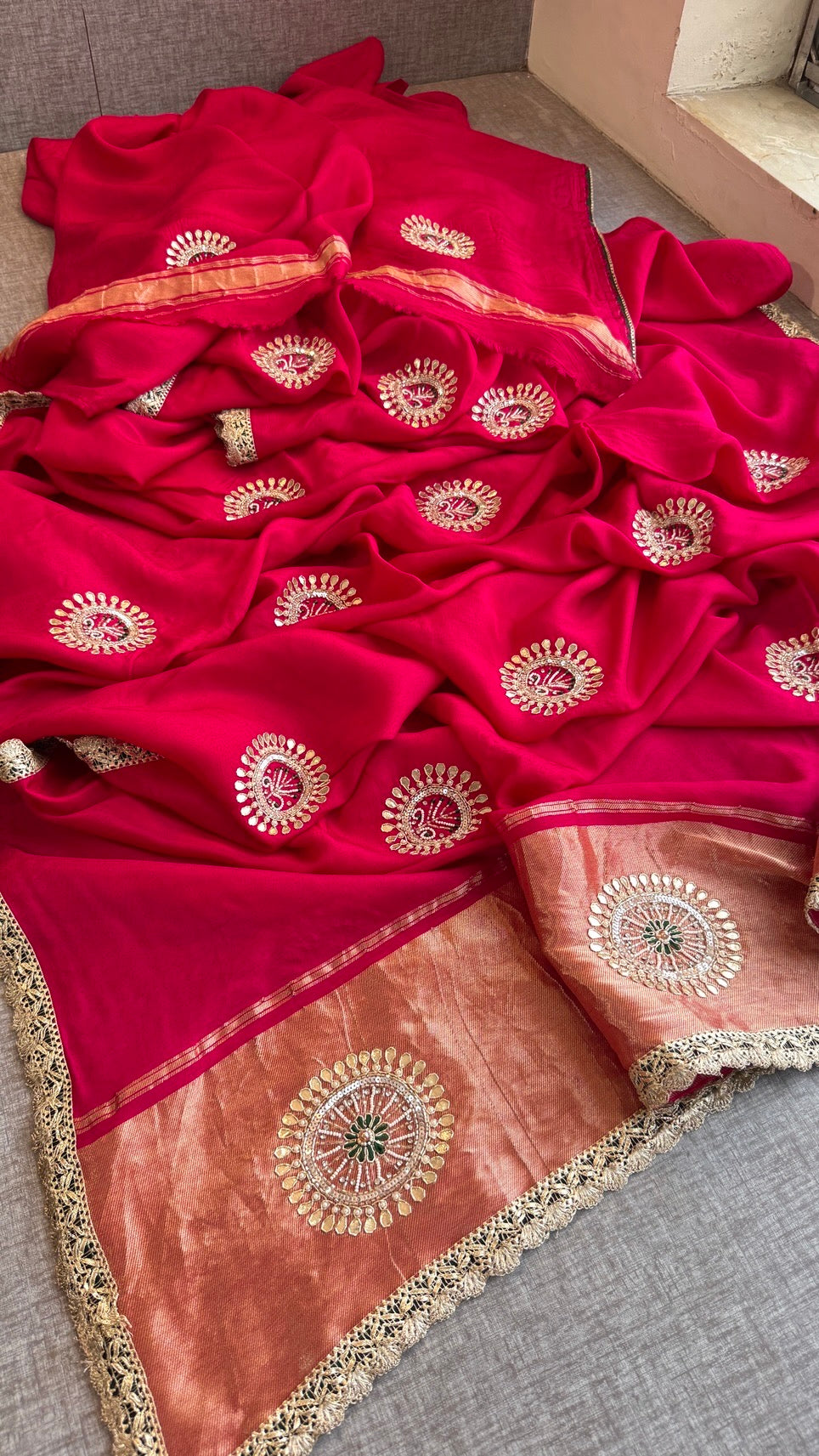 Pure Munga Silk Lakdi Patta Banarasi Saree with Gotapatti, Zardozi & Pearl Work
