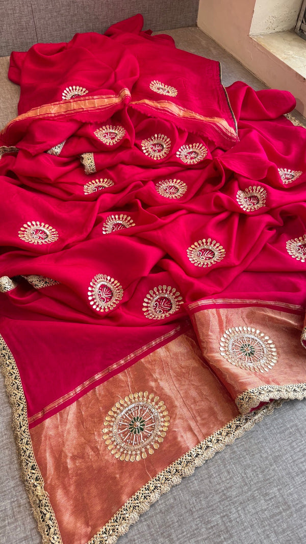 Pure Munga Silk Lakdi Patta Banarasi Saree with Gotapatti, Zardozi & Pearl Work