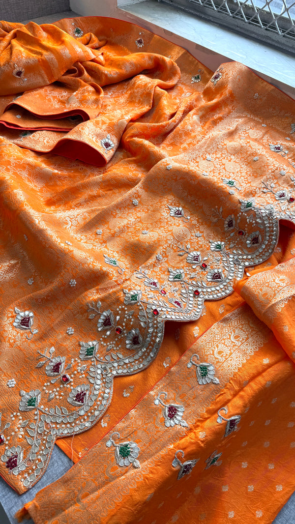 Vibrant Orange Banarasi Georgette Stone Work Saree