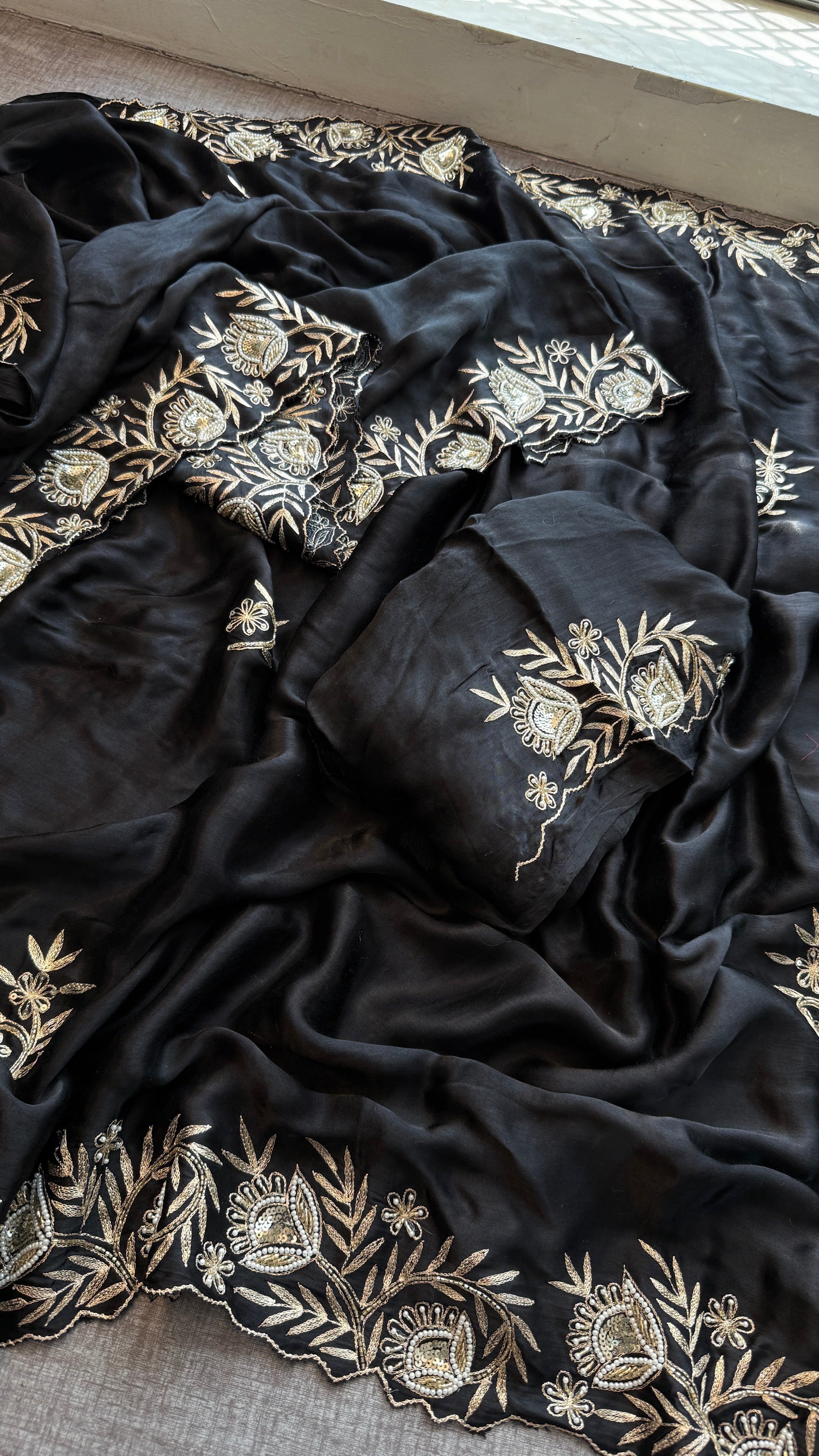 Designer Black Pure Gajji Silk Saree with Aari, Cutdana, and Gota Patti Handwork with Blouse