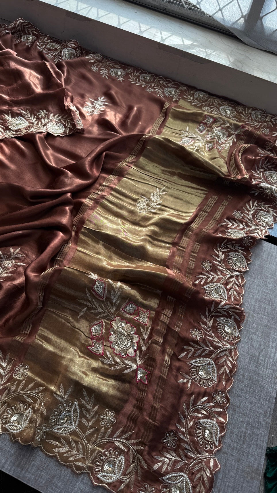 Soft Gajji Silk Lakdi Patta Banarasi Saree with Zardozi, Kasab, Pearl & Sequins Work