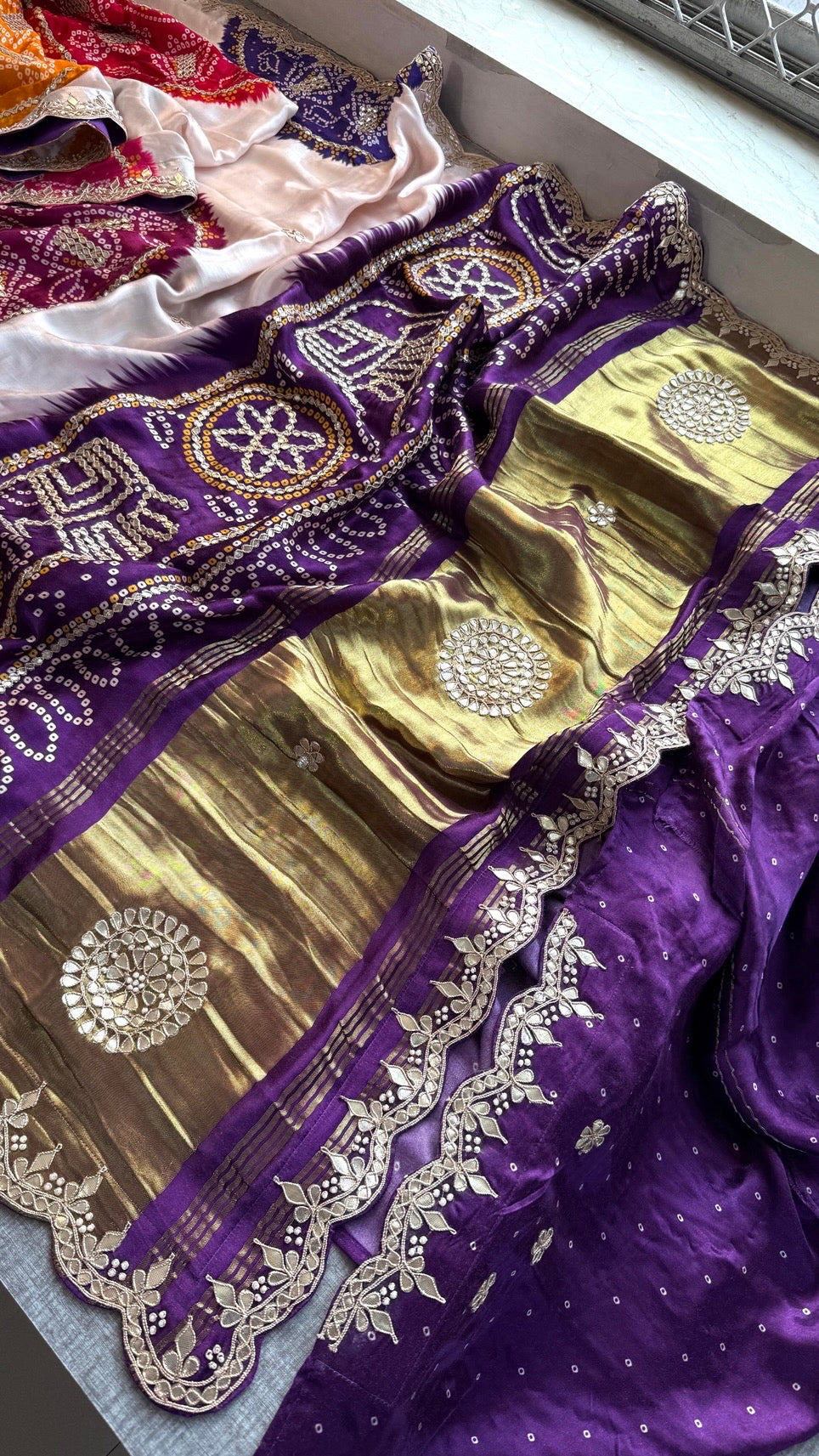 Elegant Gajji Silk Saree with Bandhani Prints & Handcrafted Embellishments
