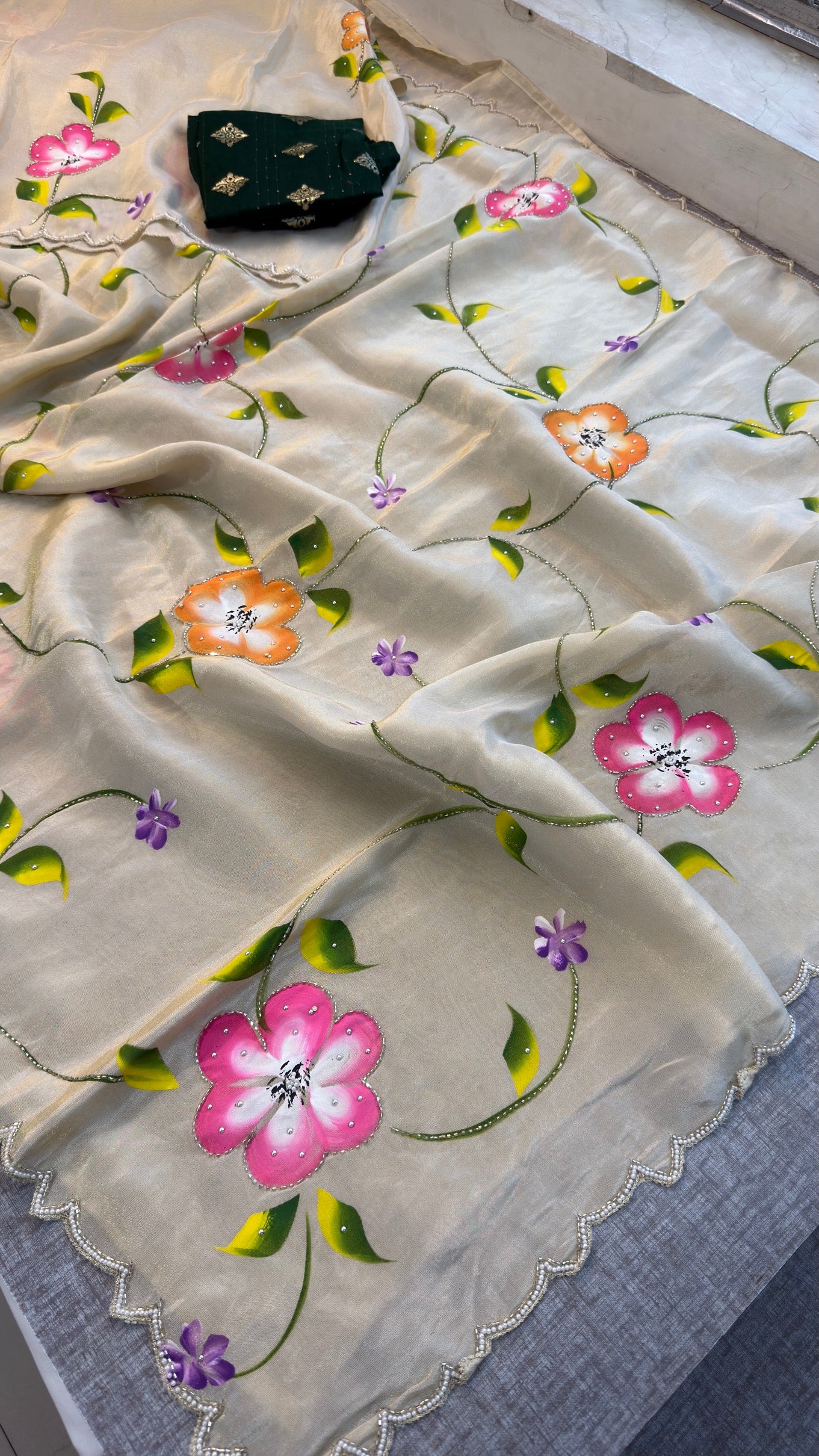 Exquisite Floral Hand-Painted Munga Silk Saree | Designer Ethnic Wear