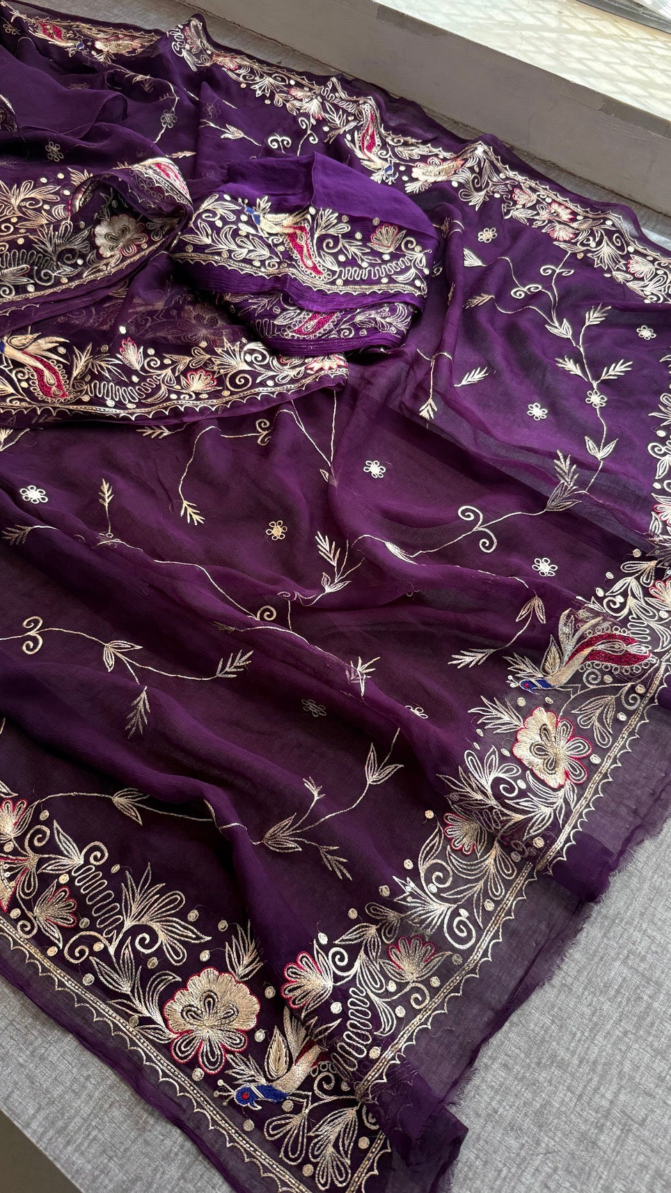 Handcrafted Chiffon Saree with Aari Pittan Peacock Work