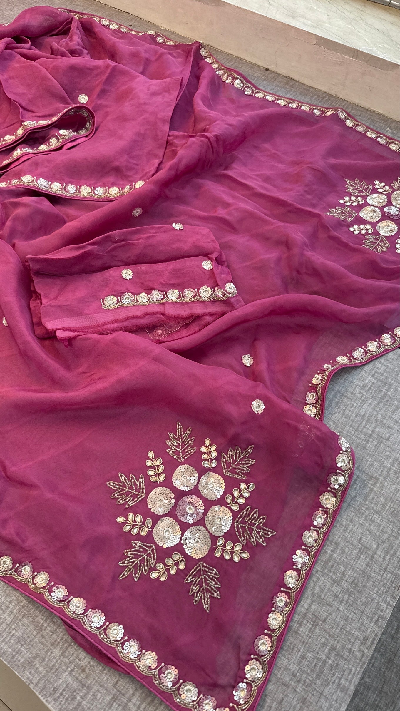 Wine Organza Leheriya Saree | Zardozi & Sequin Handwork | Designer Festive Saree