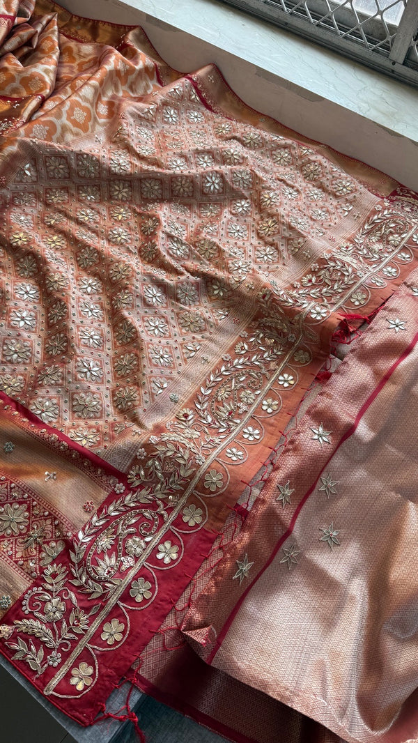 Pure Soft Kanjivaram Silk Banarasi Saree with Zardozi, Gotapatti & Pearl Sequins Work | Designer Blouse Included