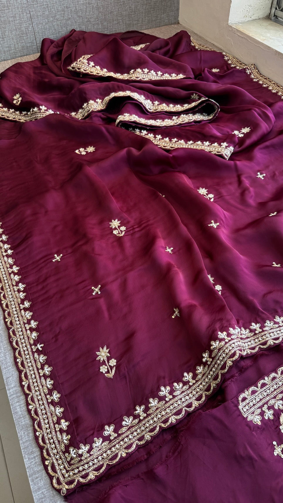 Bridal Pure Soft Organza Satin Saree with Zardozi, Sequins, Kutdana & Pearl Handwork