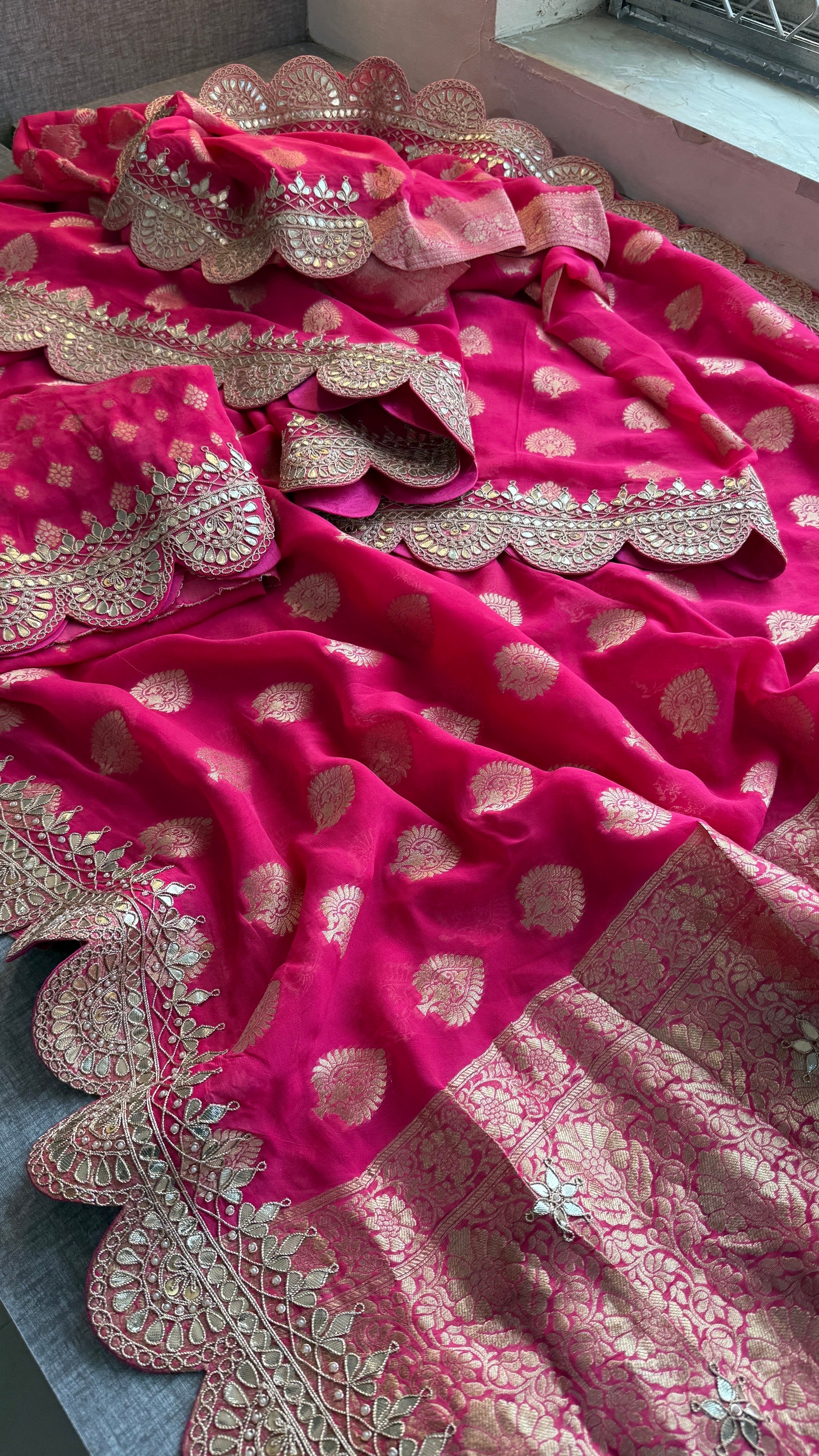 Royal Hot Pink Khaddi Georgette Banarasi Saree with Intricate Gotapatti, Zardozi & Pearl Scalloped Border