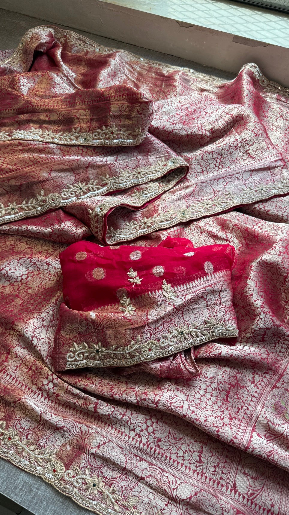 Wedding Wear Banarasi Khaddi Georgette Saree with Pearl Sequin Gotapatti Work