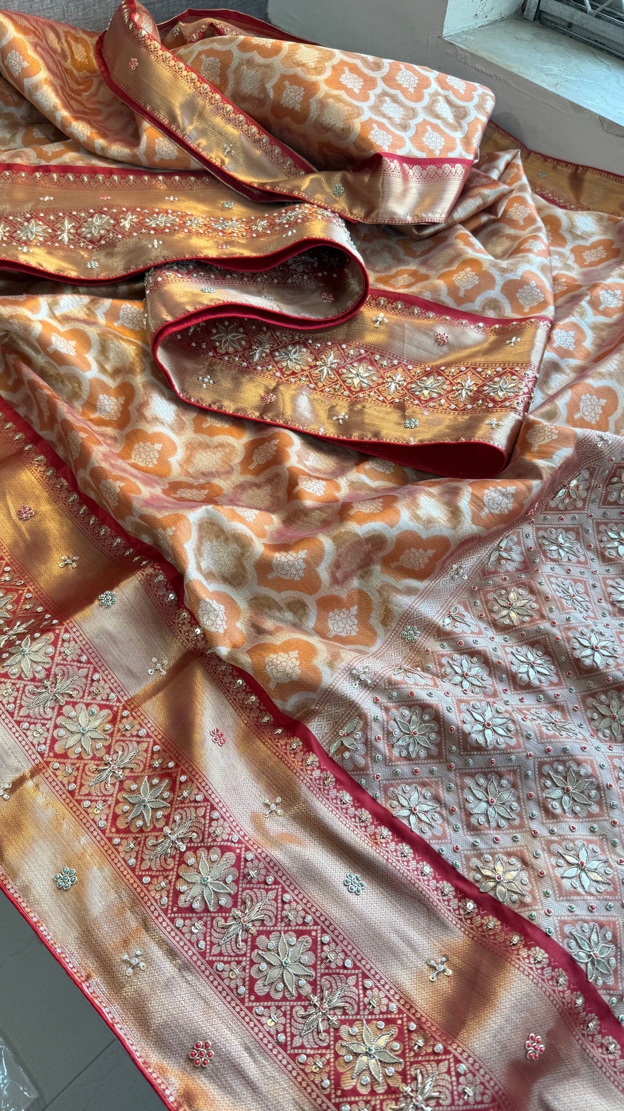 Pure Soft Kanjivaram Silk Banarasi Saree with Zardozi, Gotapatti & Pearl Sequins Work | Designer Blouse Included