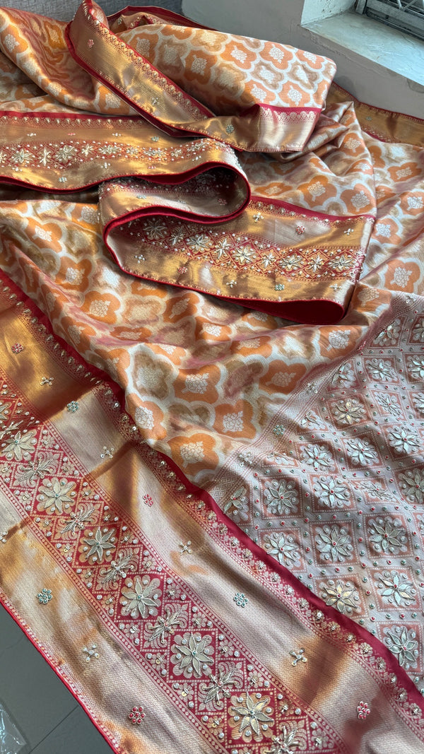 Pure Soft Kanjivaram Silk Banarasi Saree with Zardozi, Gotapatti & Pearl Sequins Work | Designer Blouse Included