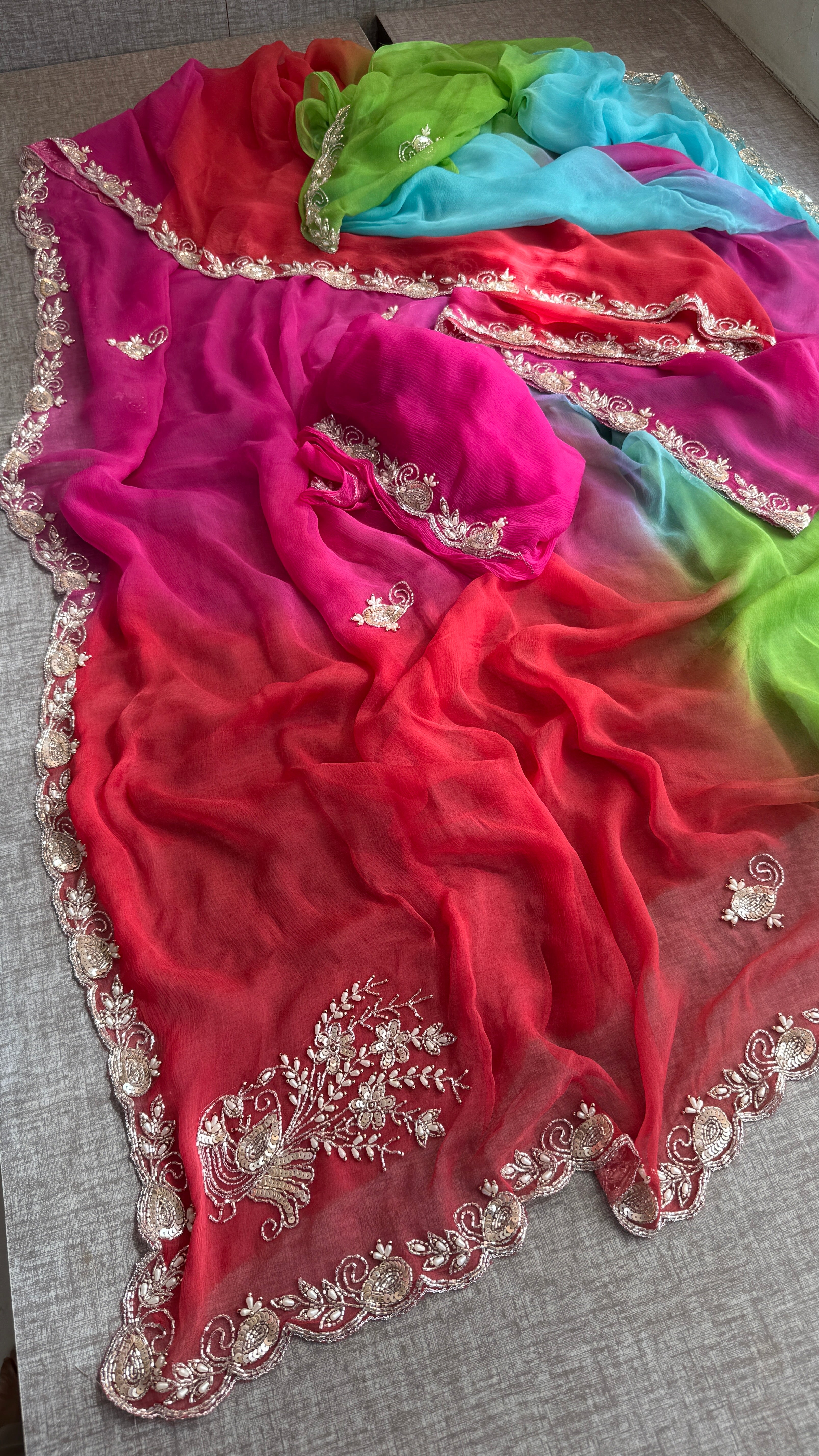 Multi Shade Summer Chiffon Saree with Cutdana, Moti & Sequins Work