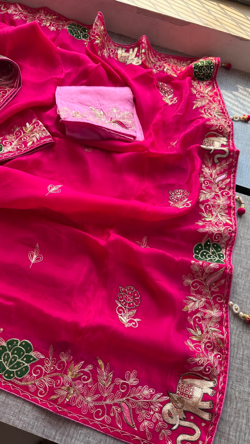Soft Munga Silk Saree with Resham, Cutdana & Sequin Work with Designer Blouse