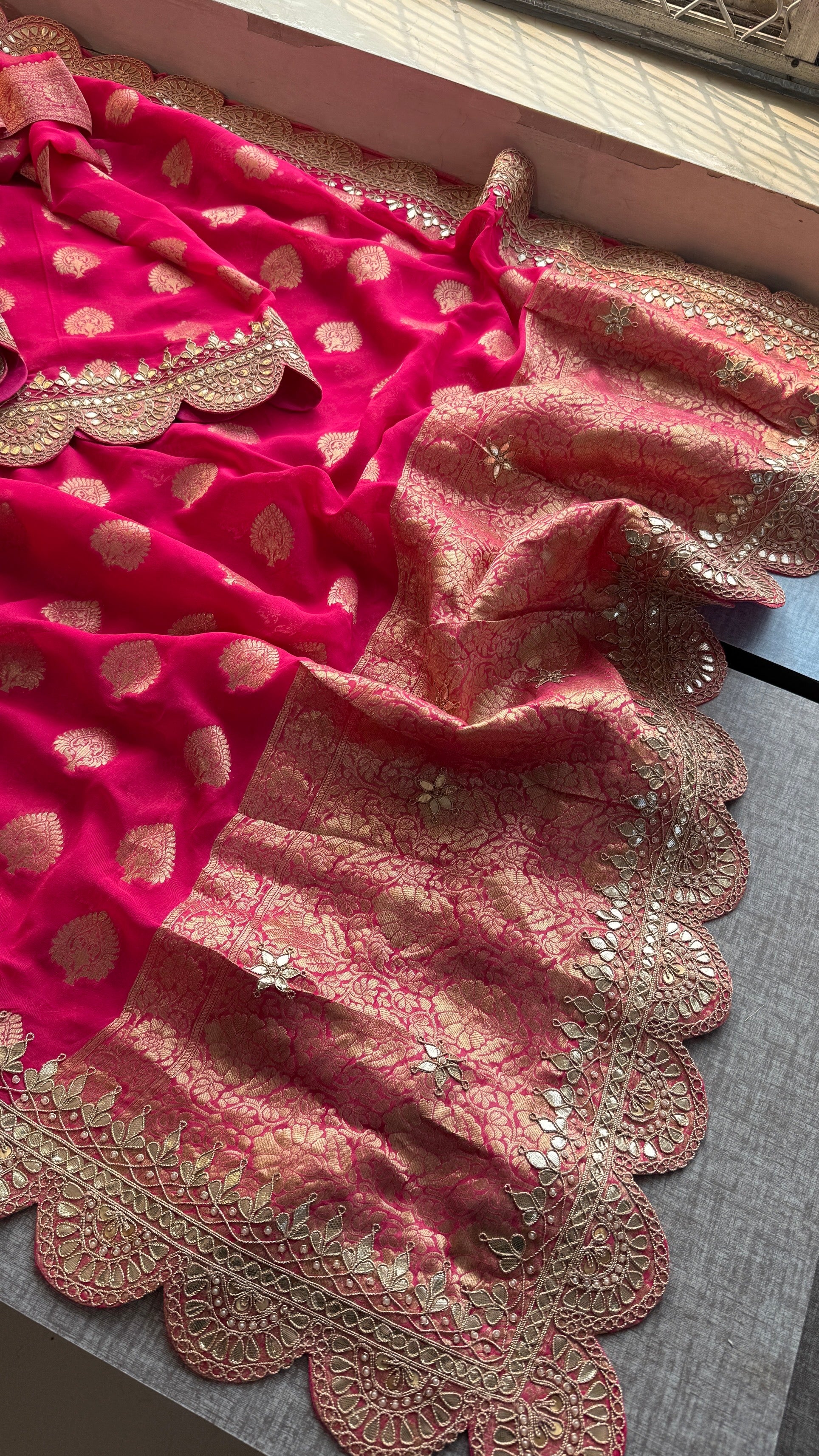 Royal Hot Pink Khaddi Georgette Banarasi Saree with Intricate Gotapatti, Zardozi & Pearl Scalloped Border