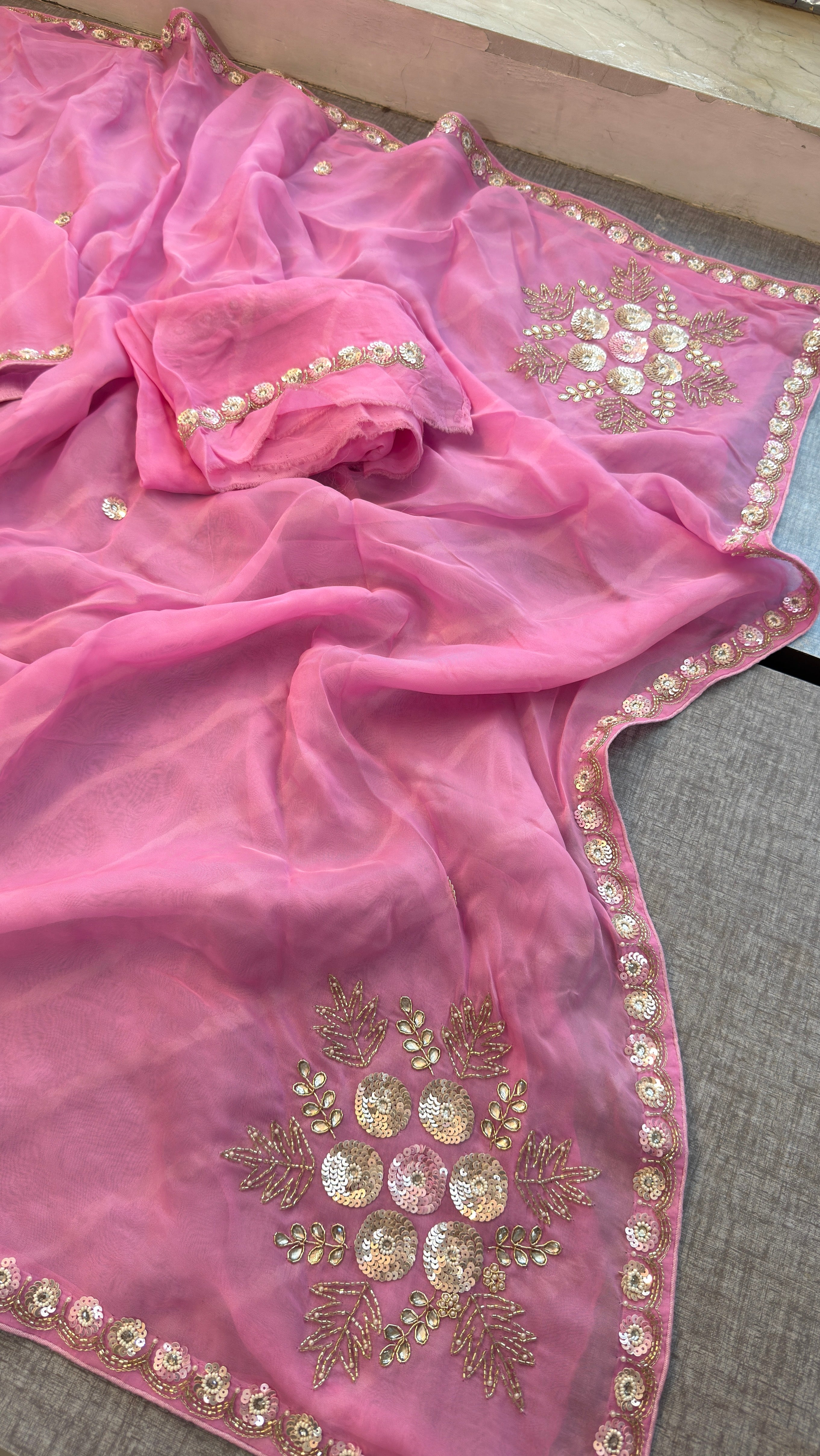 Pink Organza Leheriya Saree | Zardozi & Sequin Handwork Saree | Designer Partywear Saree