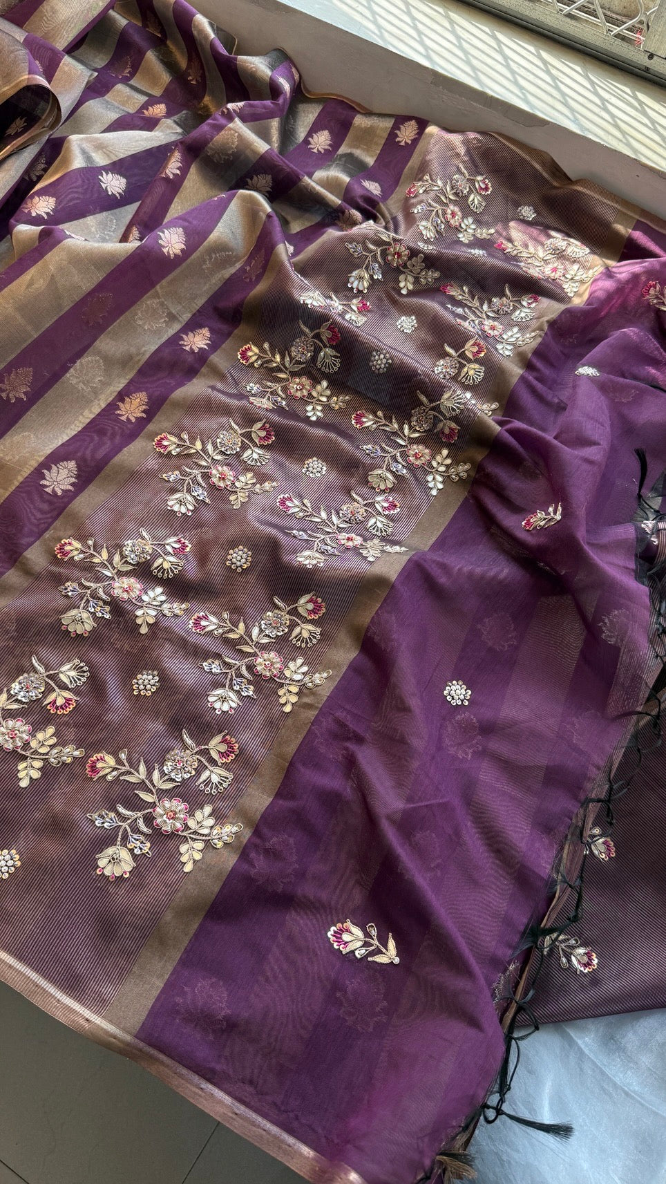 Pure Soft Silk Banarasi Weaving Saree with Zardozi Gotapatti & Pearl Sequins Pallu