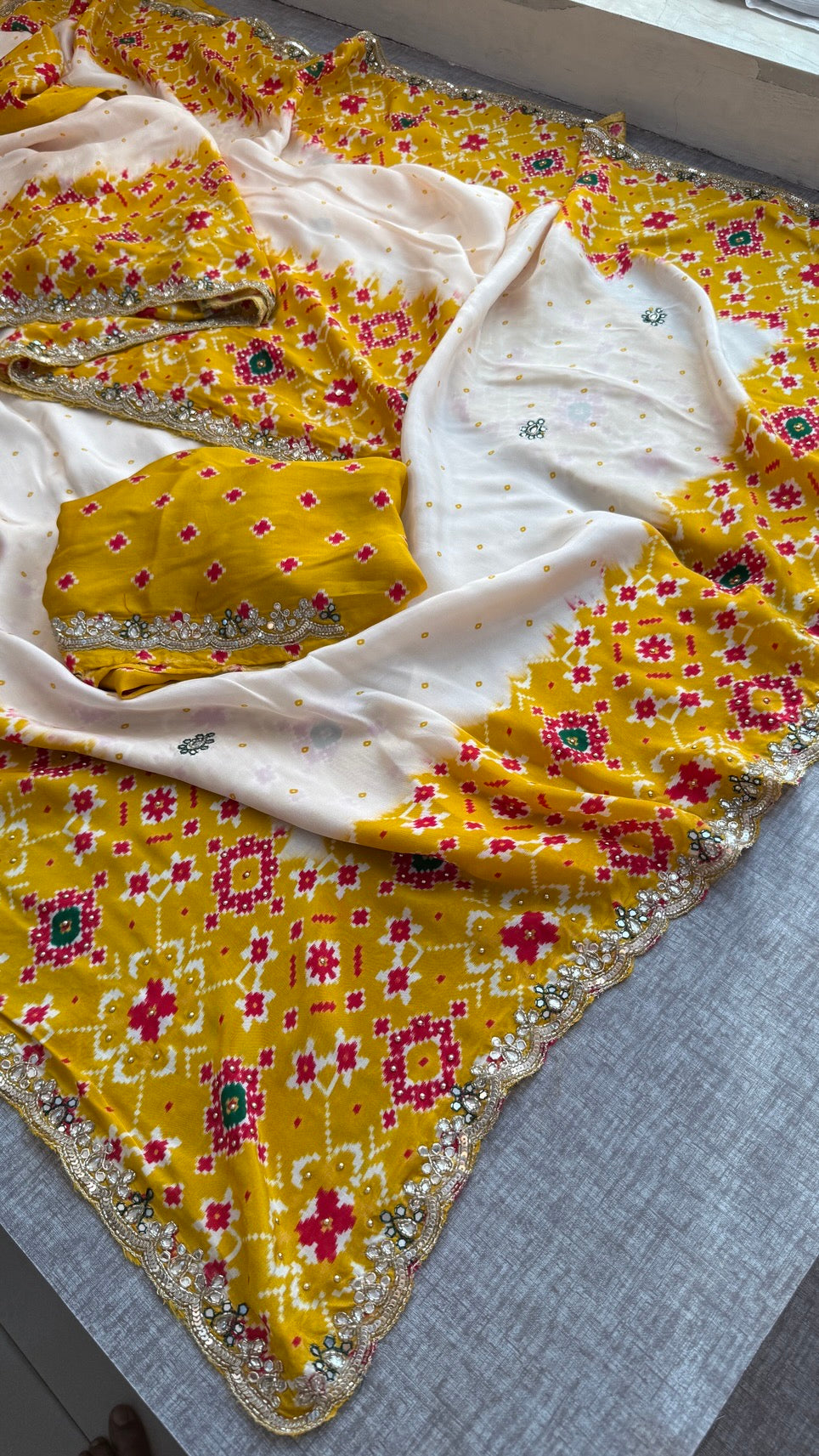 Soft Munga Silk Digital Print Saree with Zardozi, Kutdana, Pearl, Sequins & Stone Work with Designer Blouse
