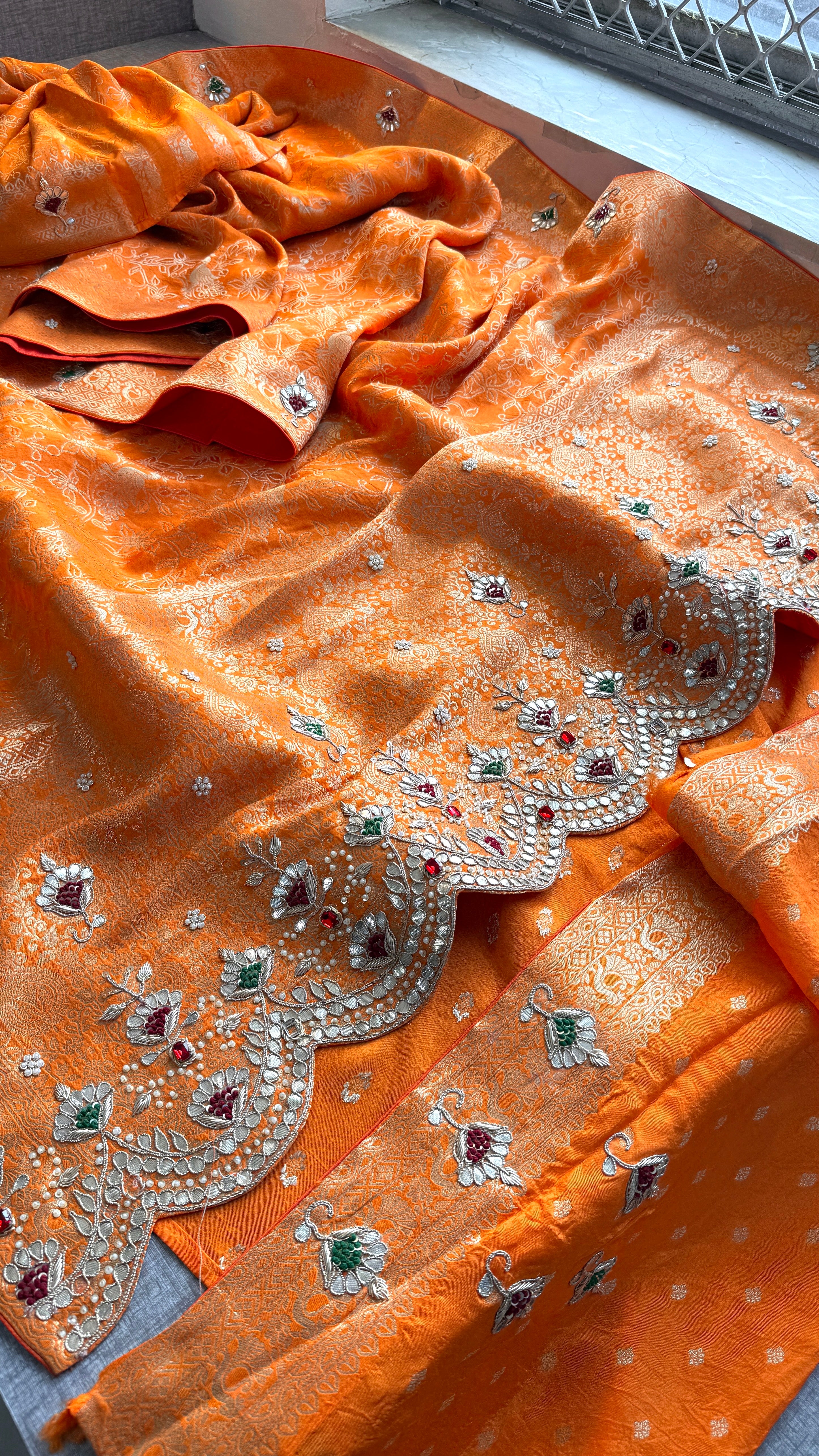 Vibrant Orange Banarasi Georgette Stone Work Saree