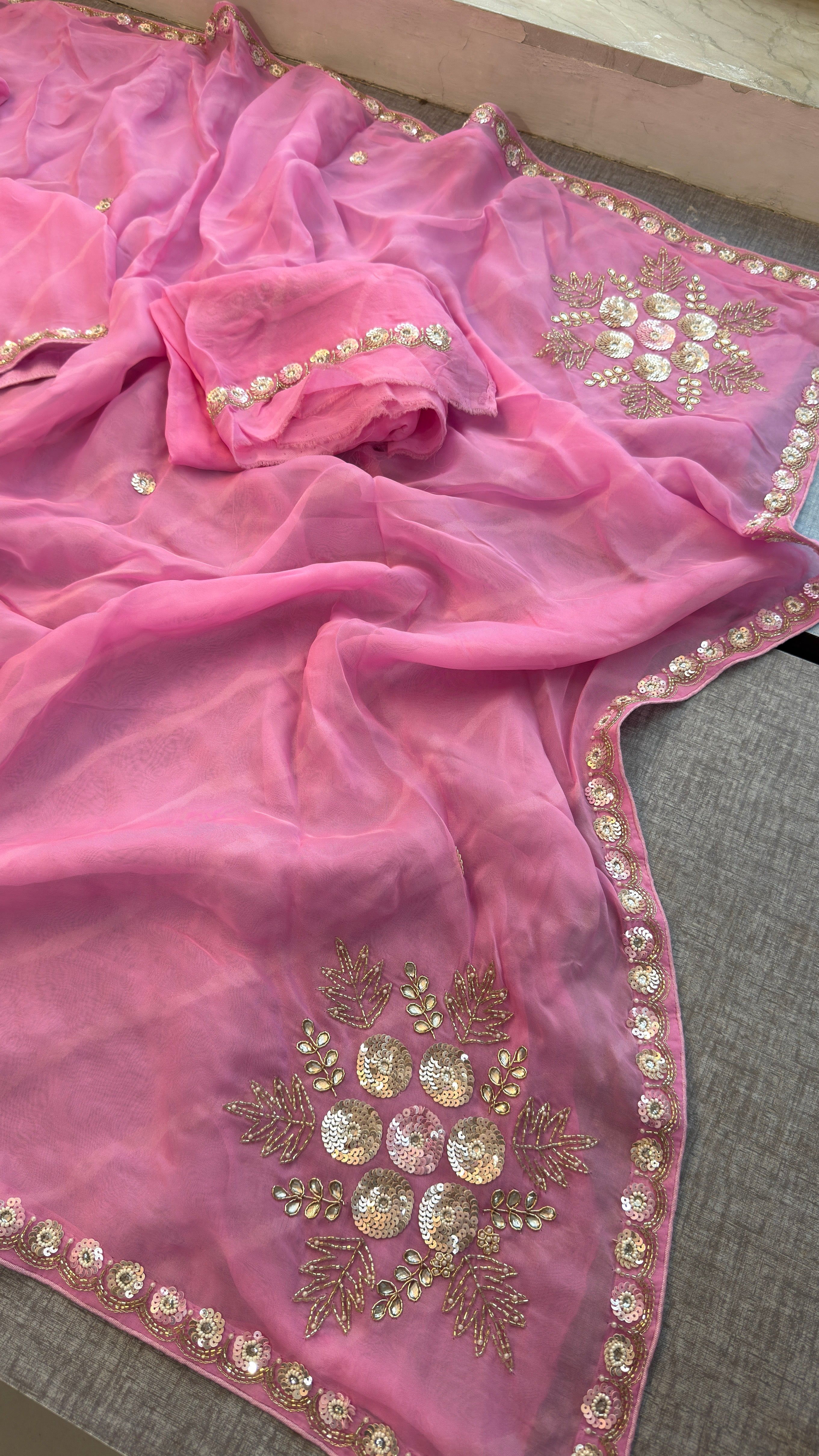 Pink Organza Leheriya Saree | Zardozi & Sequin Handwork Saree | Designer Partywear Saree