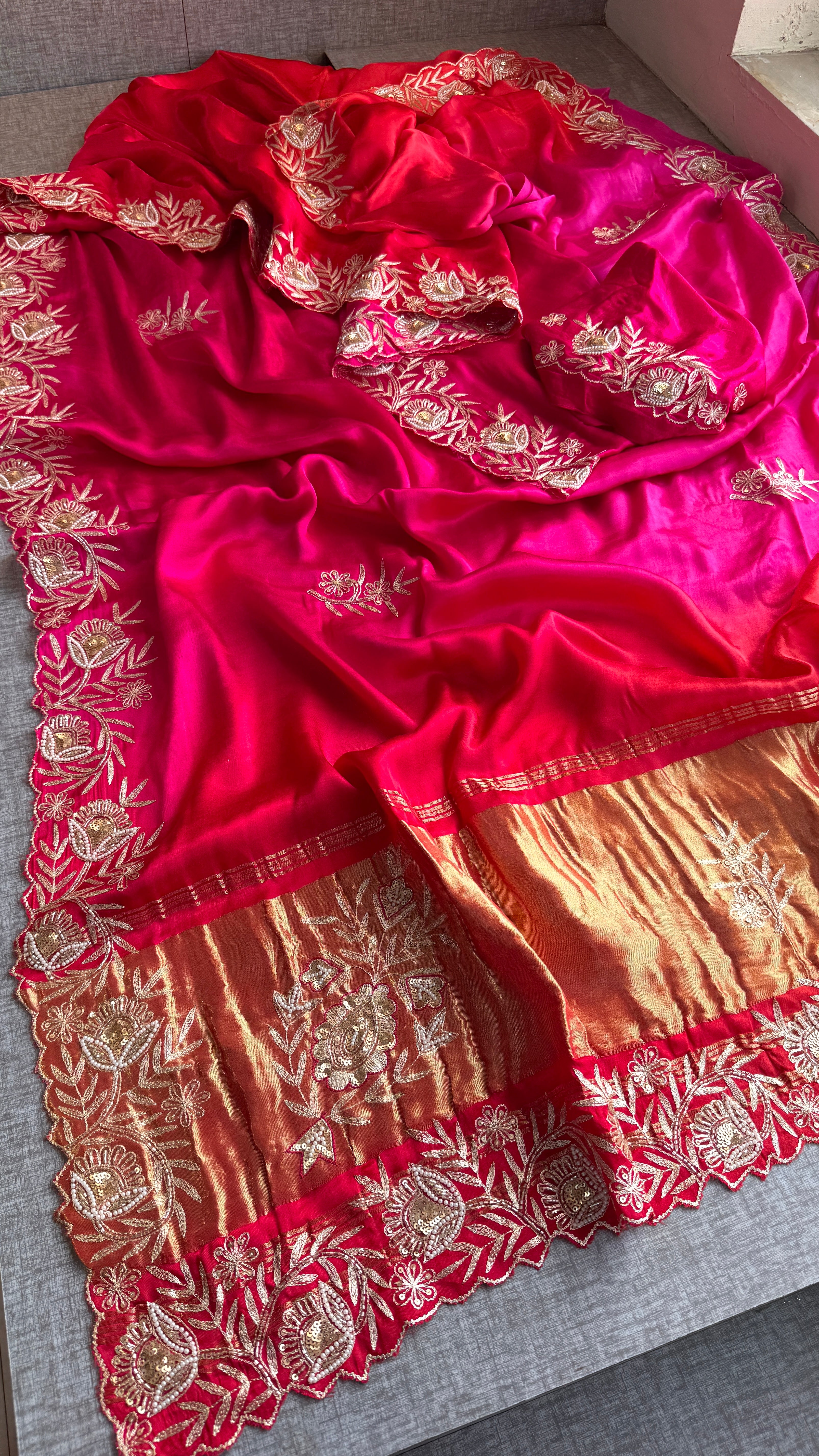 Handcrafted Gajji Silk Aari Work Saree in Red and Rani Tone