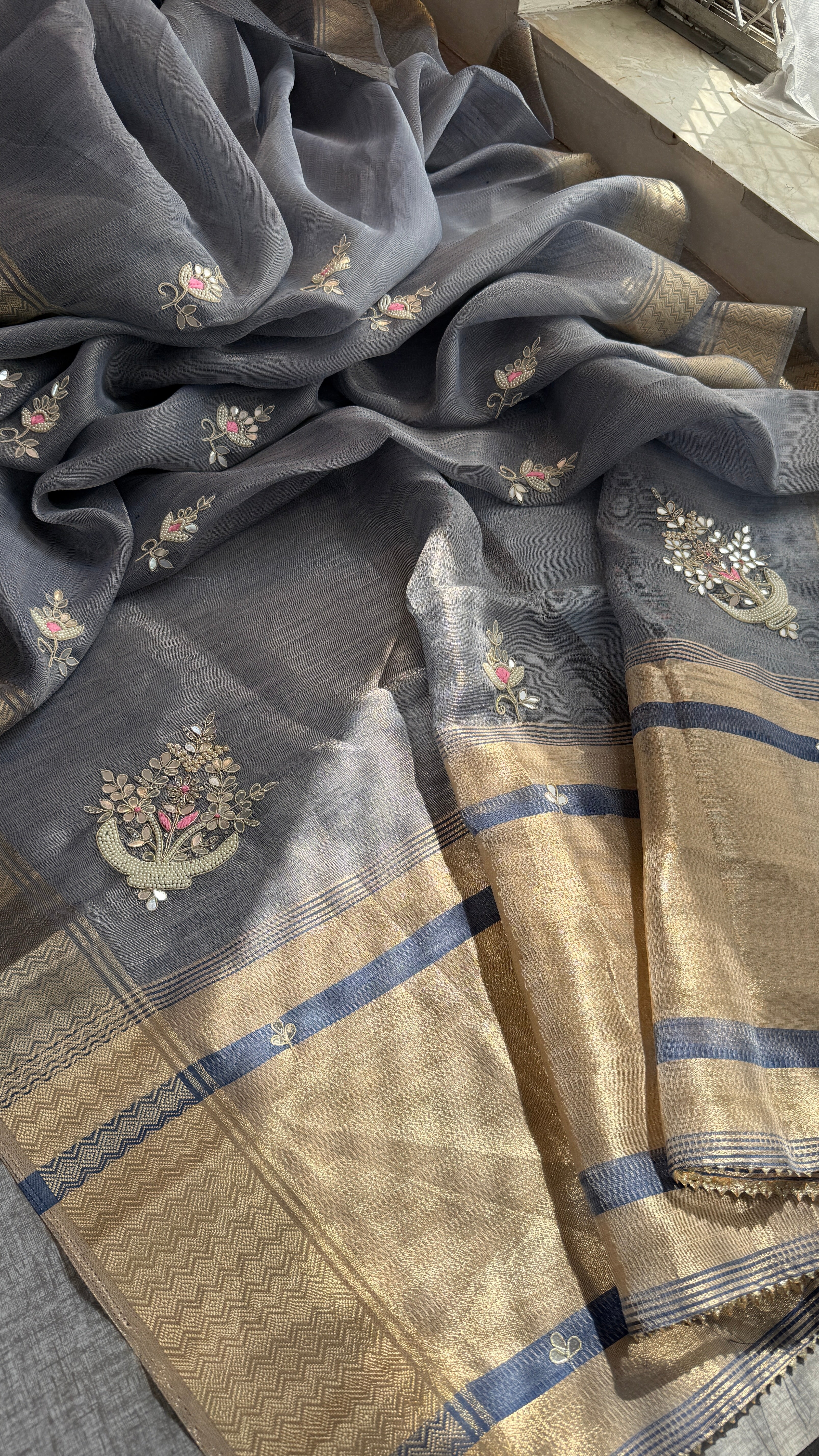 Grey tissue linen  silk Saree
