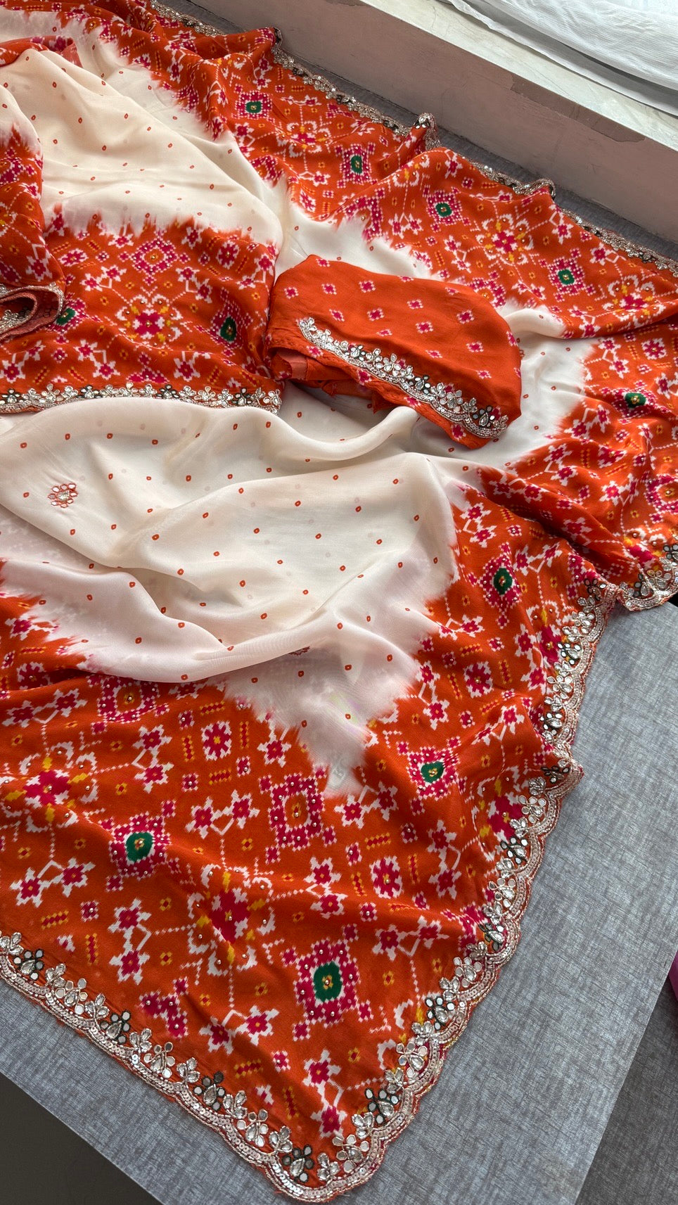 Soft Munga Silk Digital Print Saree with Zardozi, Kutdana, Pearl, Sequins & Stone Work with Designer Blouse