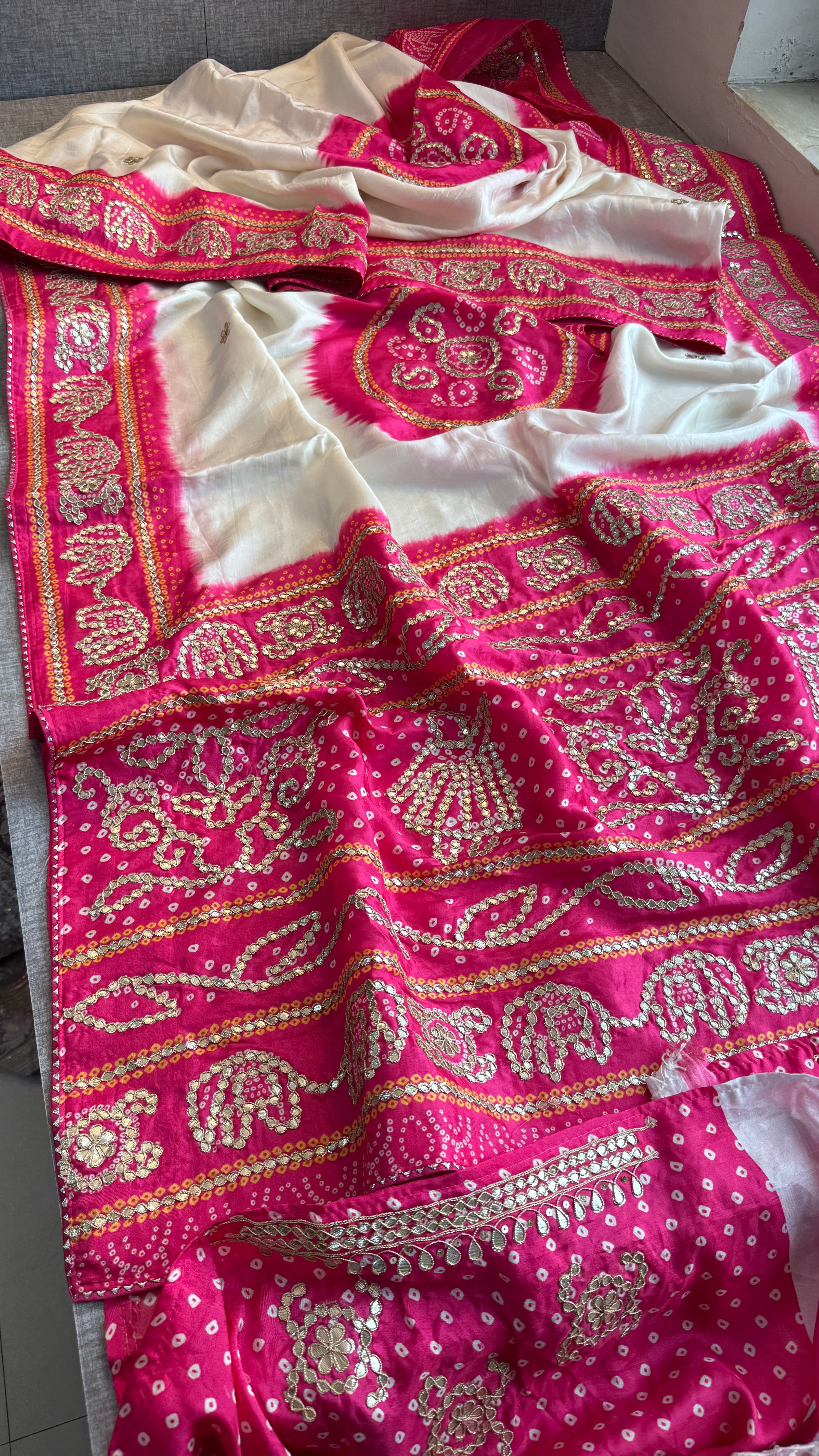 Munga Silk Bandhani Enhanced with Elephant pattern