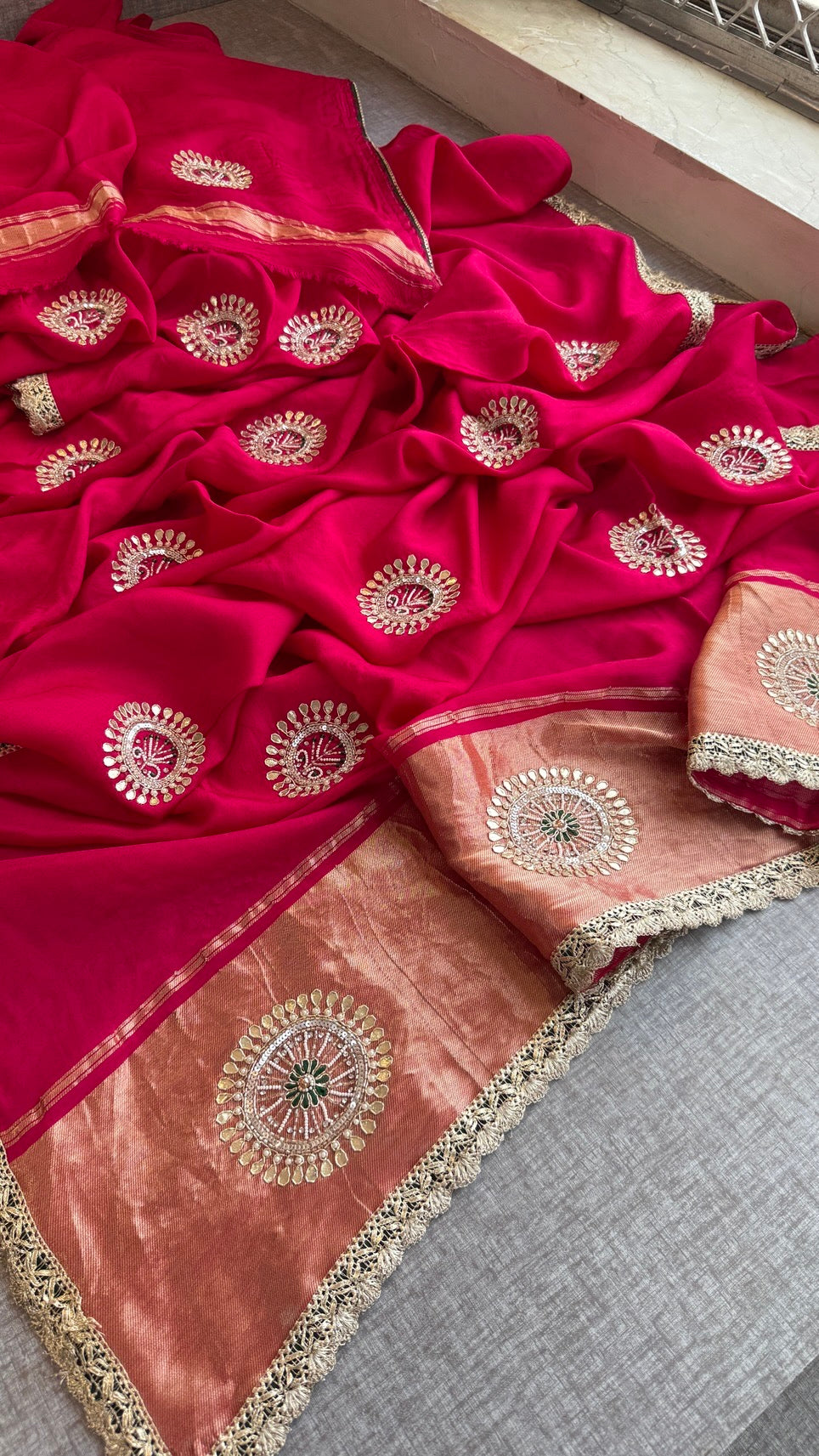 Pure Munga Silk Lakdi Patta Banarasi Saree with Gotapatti, Zardozi & Pearl Work