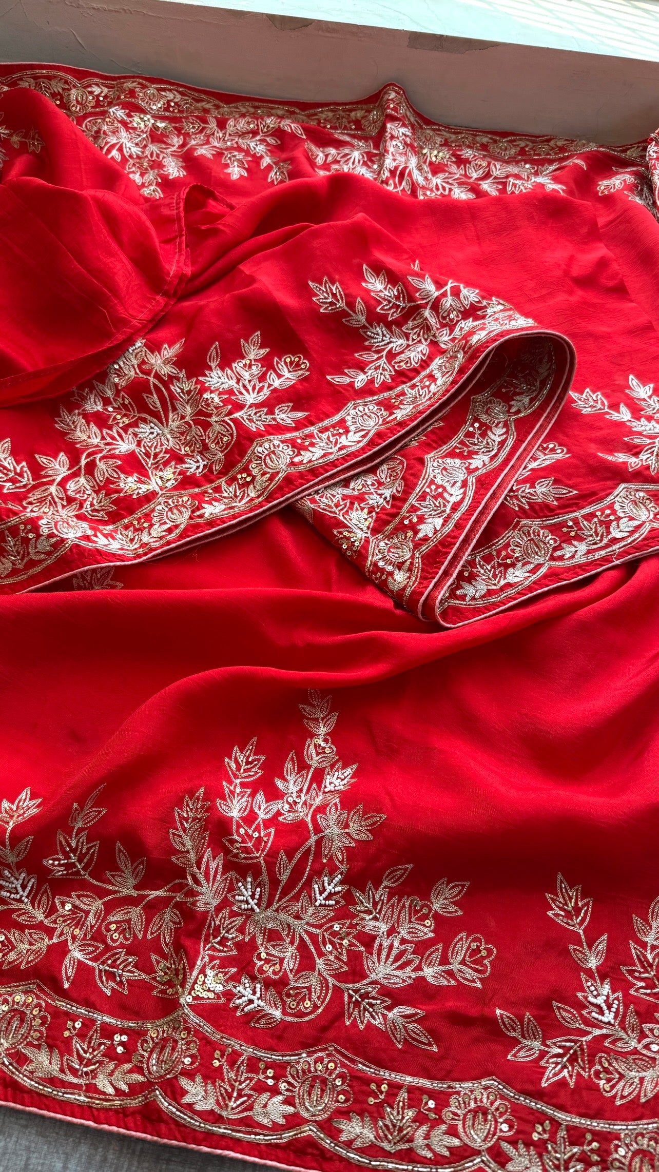 Designer Pure Munga Silk Saree with Floral Handwork & Embellished Border