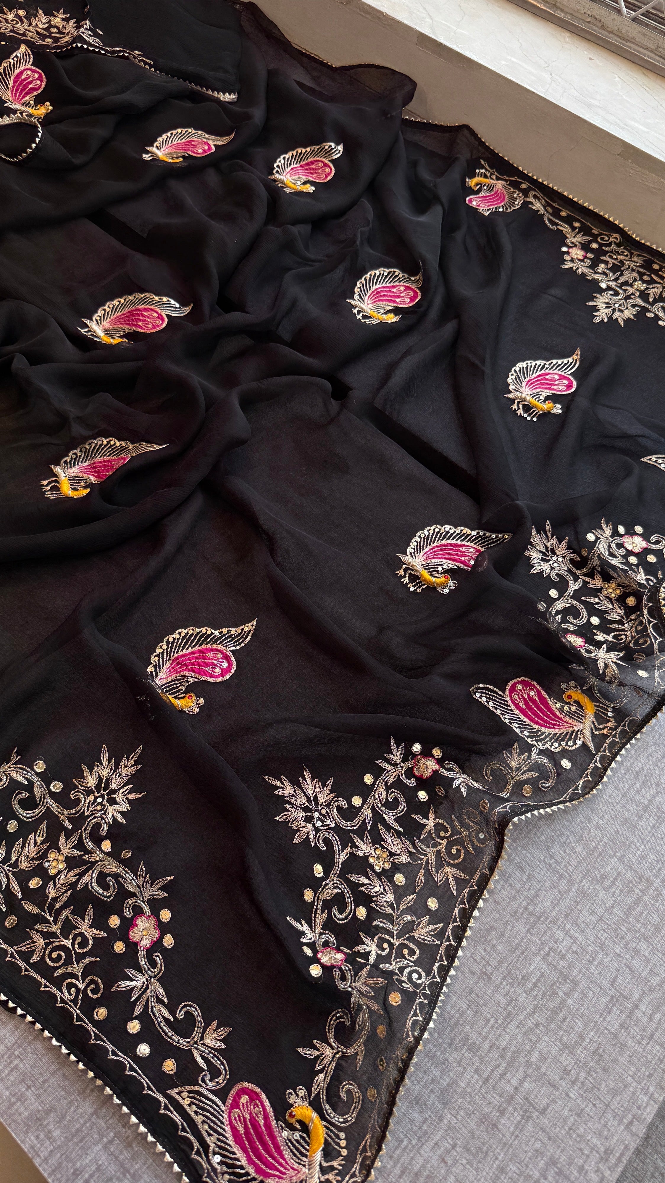 Black chiffon Saree with zardozi, kutdana and sequins work