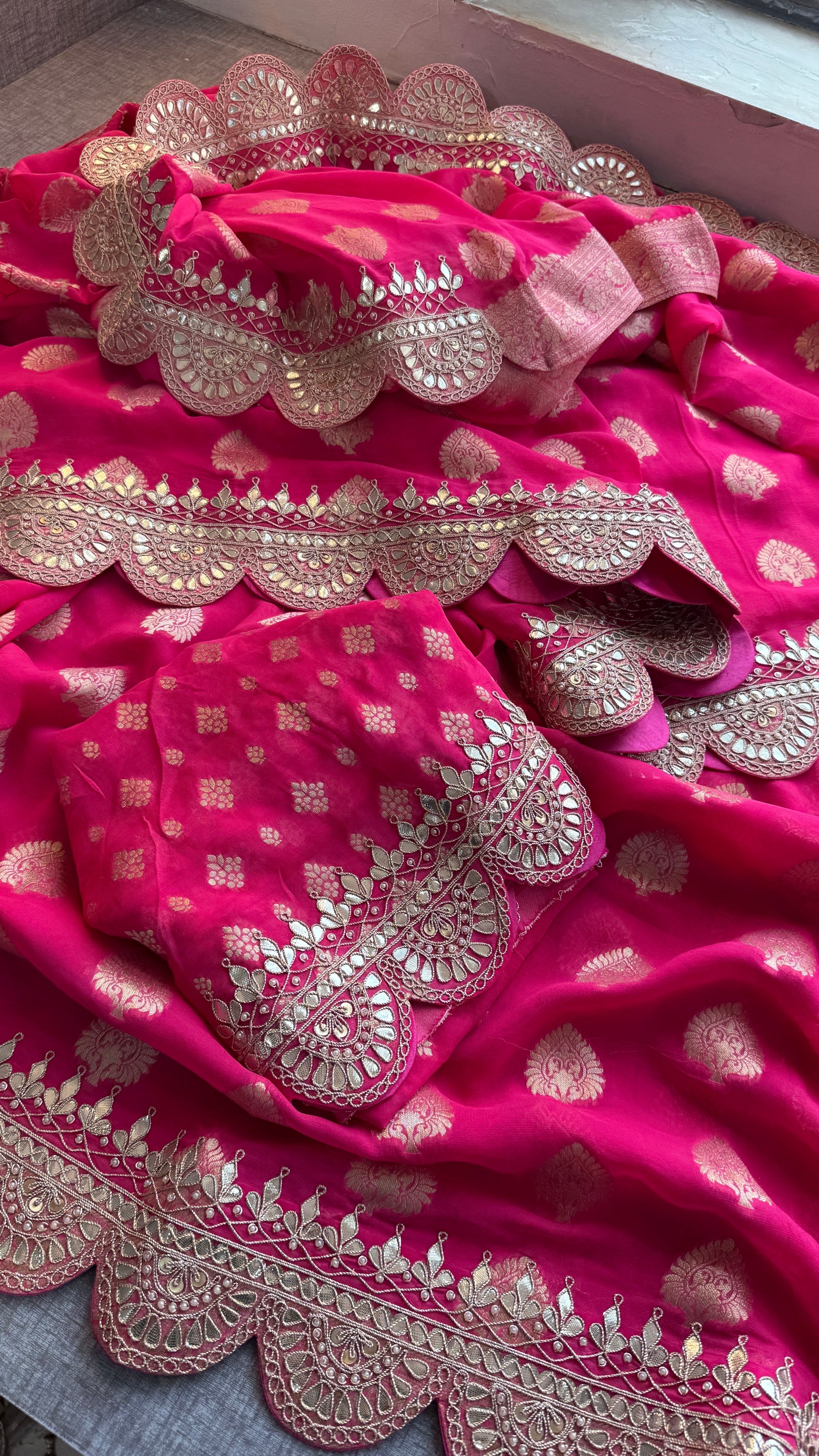 Royal Hot Pink Khaddi Georgette Banarasi Saree with Intricate Gotapatti, Zardozi & Pearl Scalloped Border