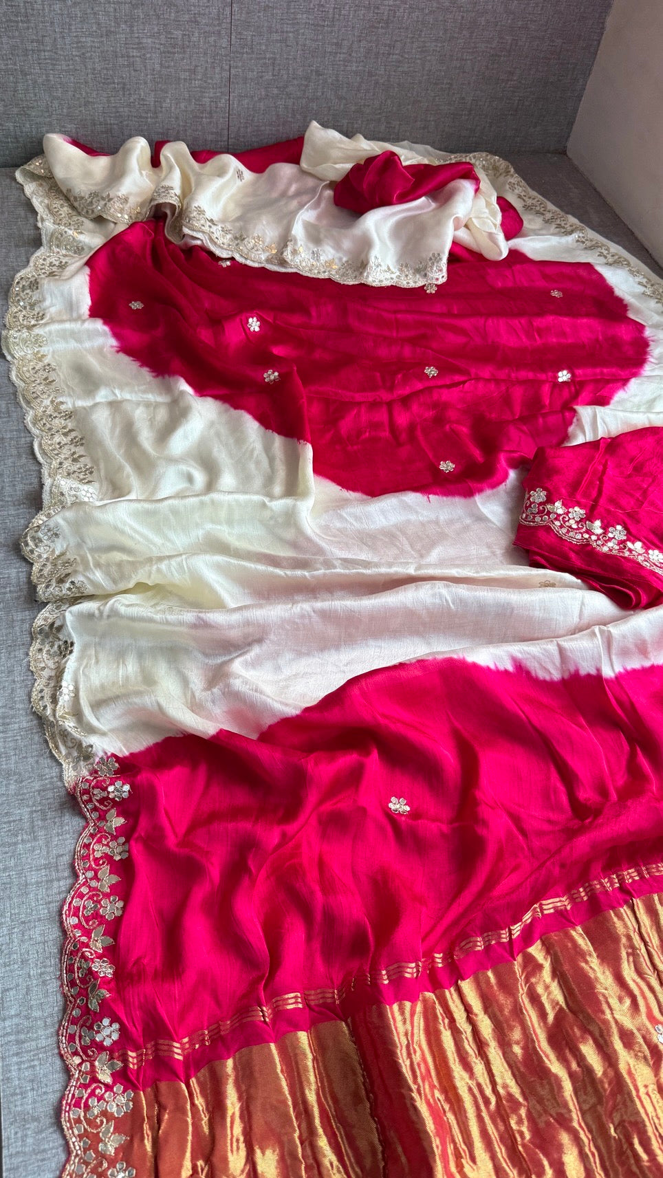 Handmade Off White and Pink Gajji Silk Saree with Gota Patti Work and Scalloped Border | Wedding & Festive Wear Indian Sari