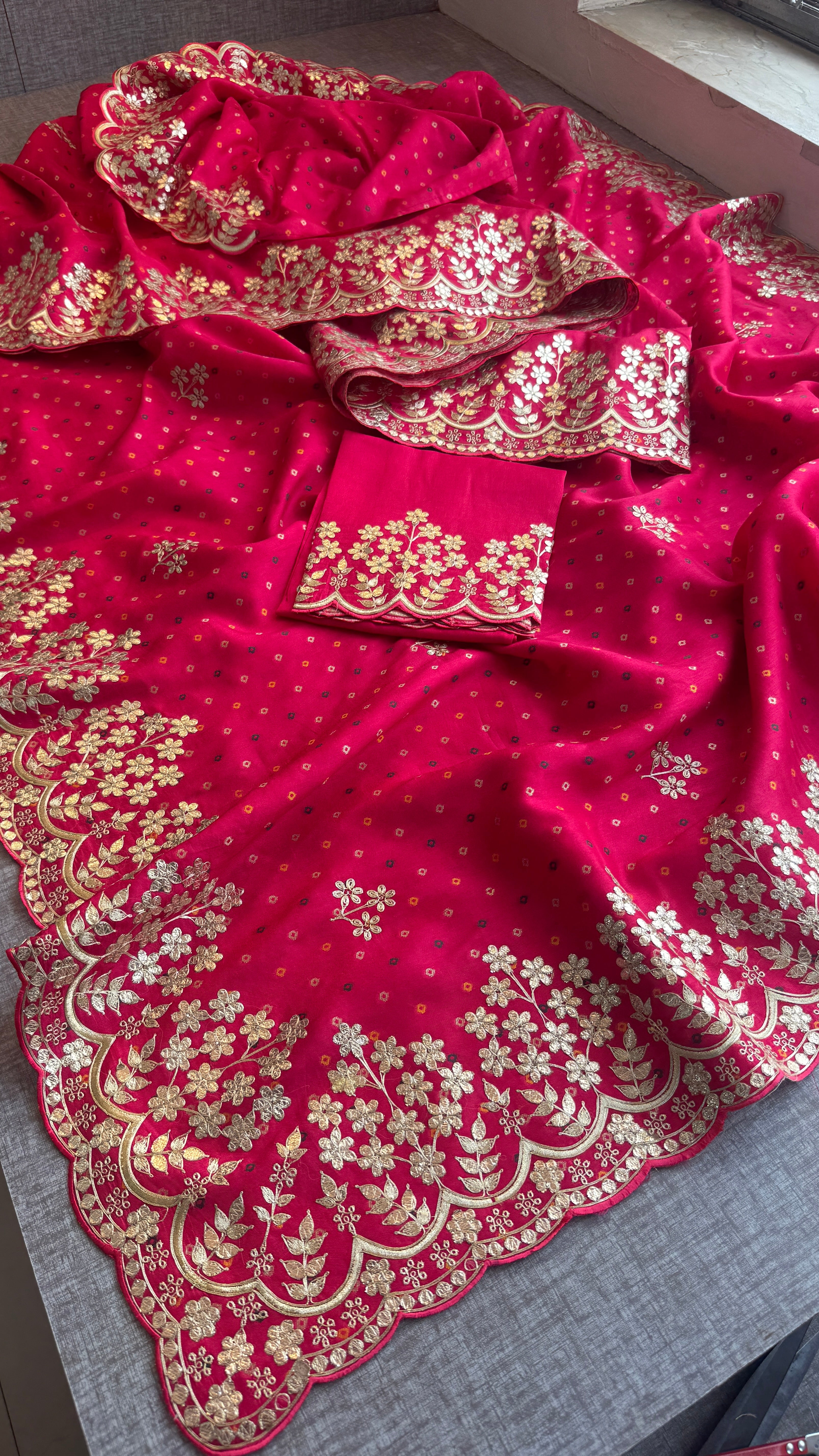 Rani Pink Soft Silk Bandhani Saree - Embroidered Designer Bridal