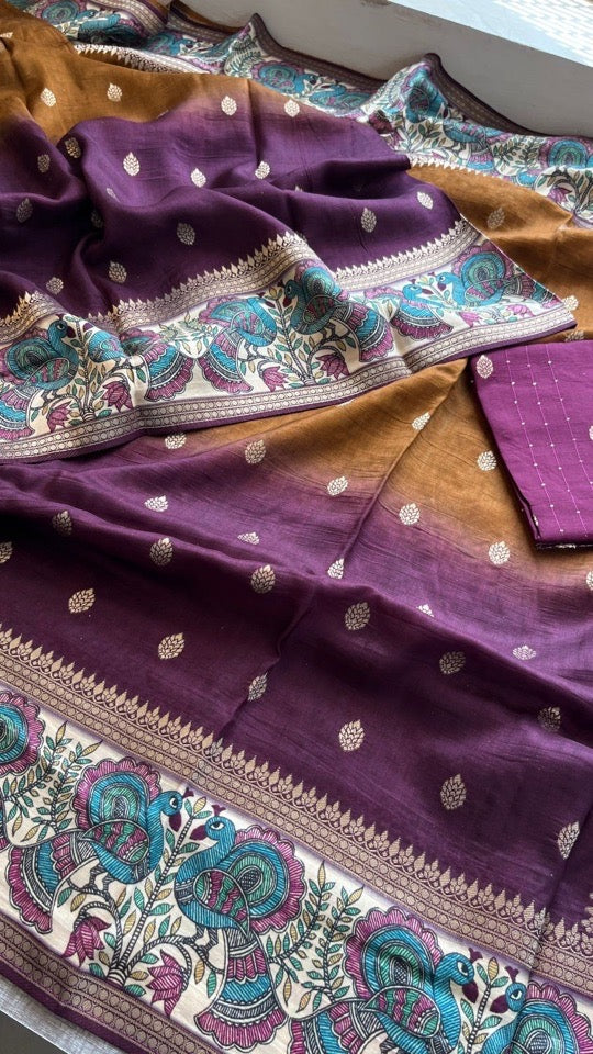 Soft Munga Silk Banarasi Kanni Weaving Saree with Madhubani Border