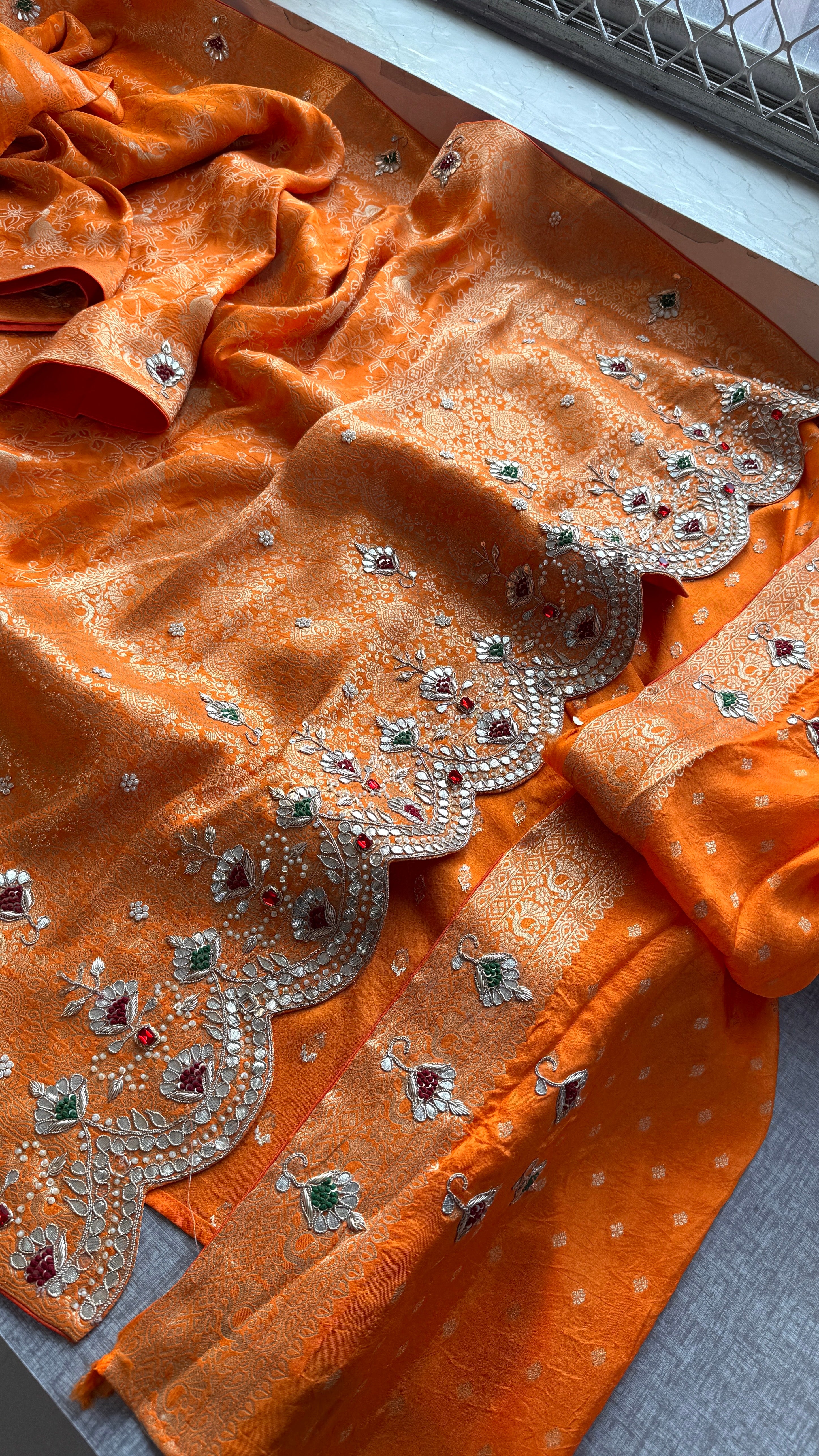 Vibrant Orange Banarasi Georgette Stone Work Saree