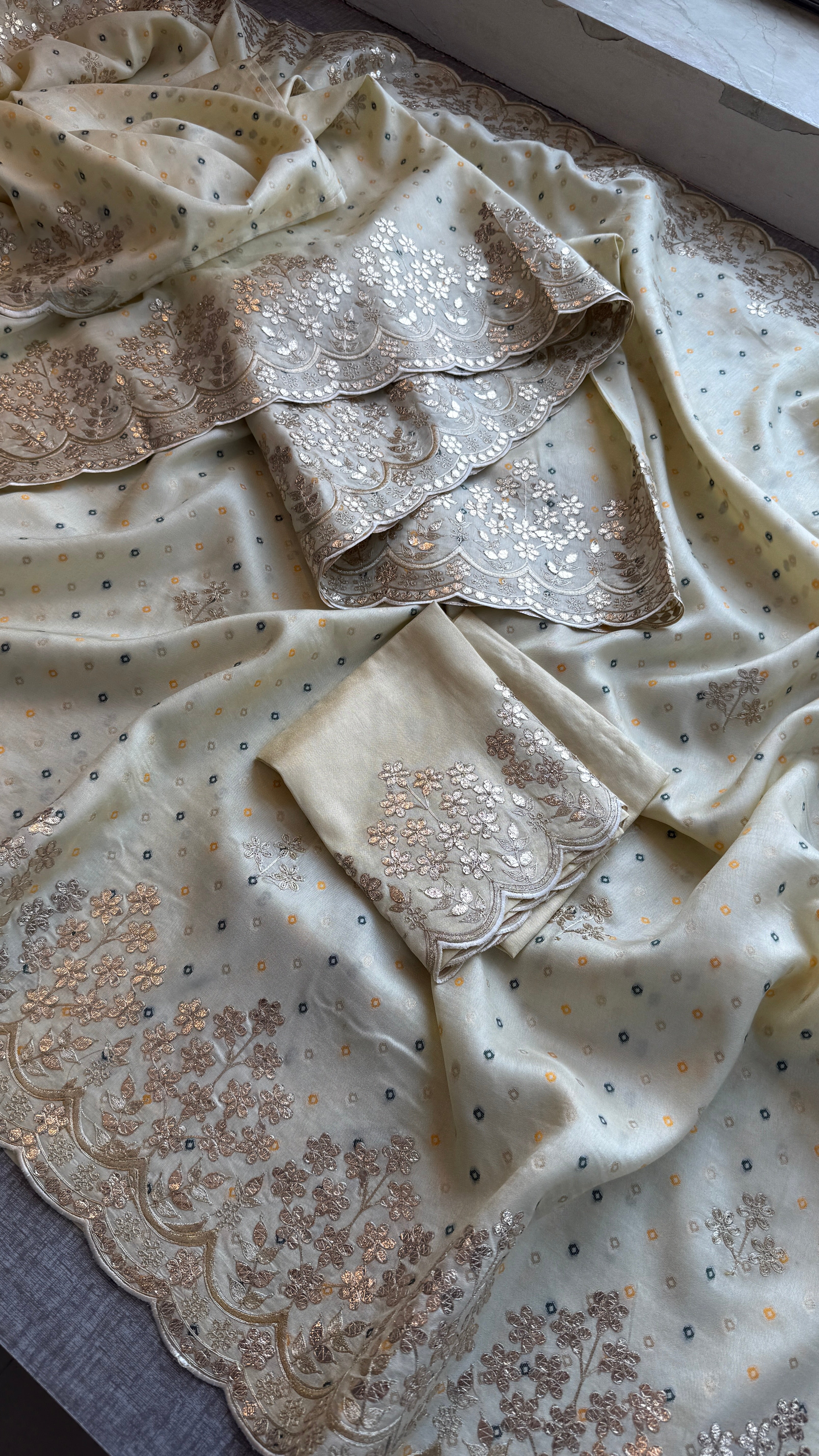 Off White Banarasi Pitta Work Saree | Pure Silk Saree | Designer Festive Wear Saree With Matching Blouse Piece