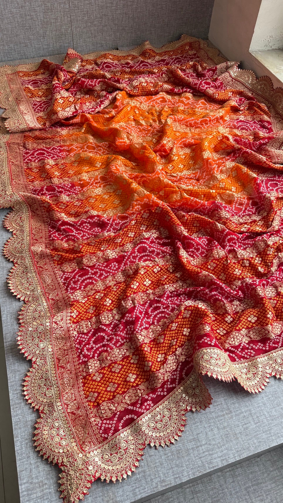 Handloom Khaddi Georgette Bandhej Dupatta with Banarasi Weaving and Scallop Border