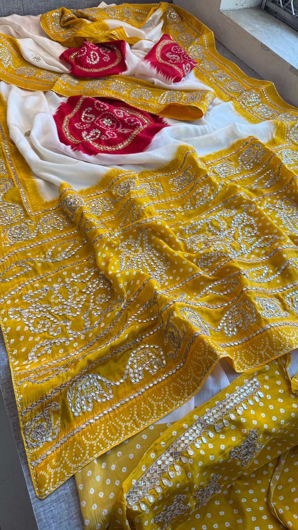 Pure Munga Silk Saree with Elephant Motifs & Gota Patti Work