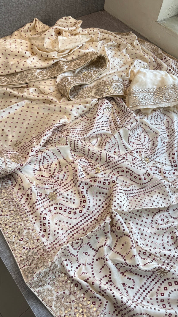Soft Gajji Silk Lakdi Patta Bandhani Saree with Gotapatti, Zardozi & Pearl Work