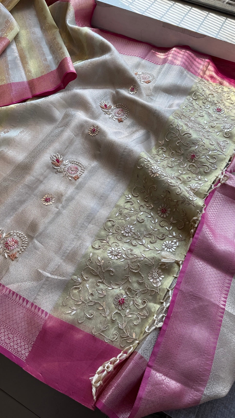 Pure Soft Tissue Silk Saree with Heavy Pallid Brocade & Banarasi Zari Border