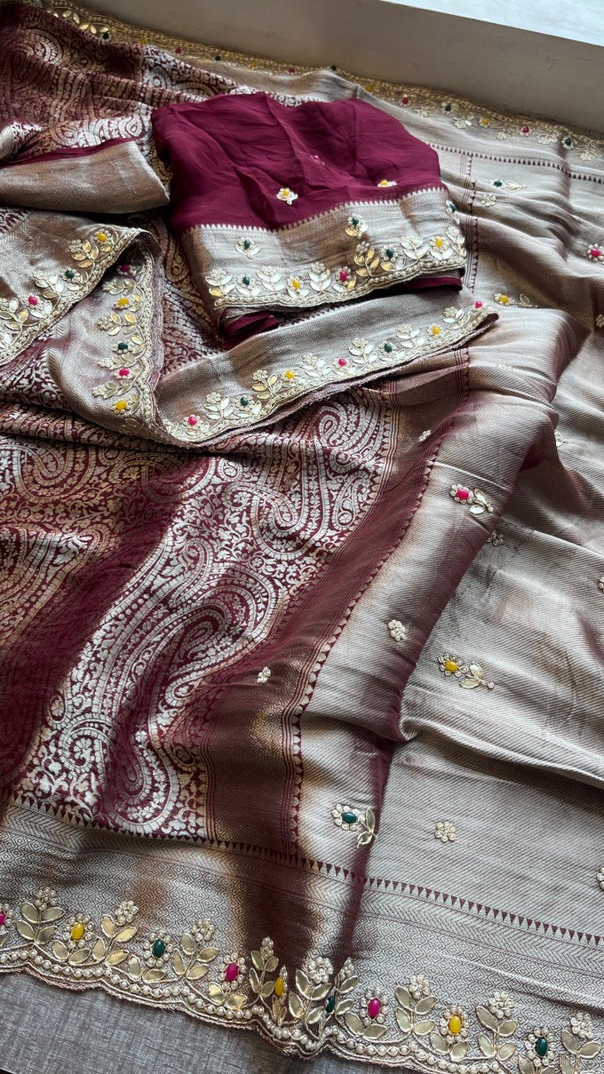 Royal Khaddi Georgette Banarasi Zari Weaving Saree with Gotapatti & Jewellery Stone Embellishment