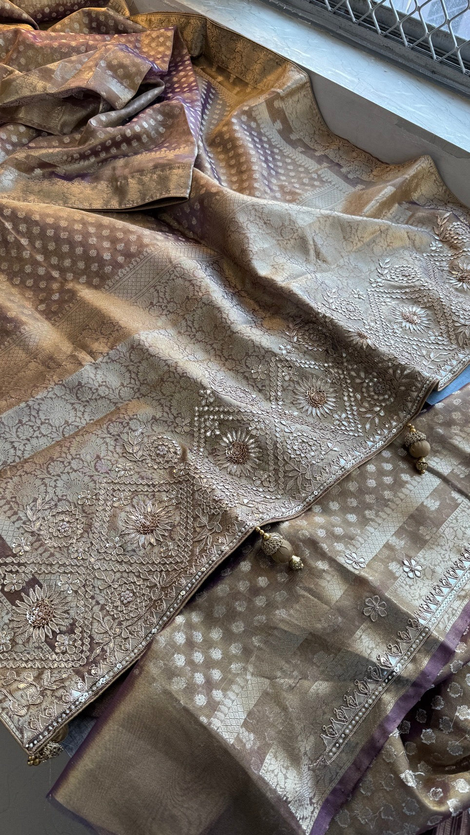 Soft Tissue Silk Banarasi Weaving Saree with Zardozi, Gotapatti, Pearl & Sequin Work