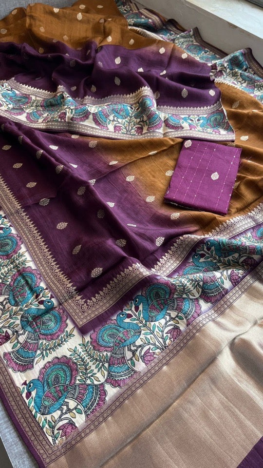 Soft Munga Silk Banarasi Kanni Weaving Saree with Madhubani Border