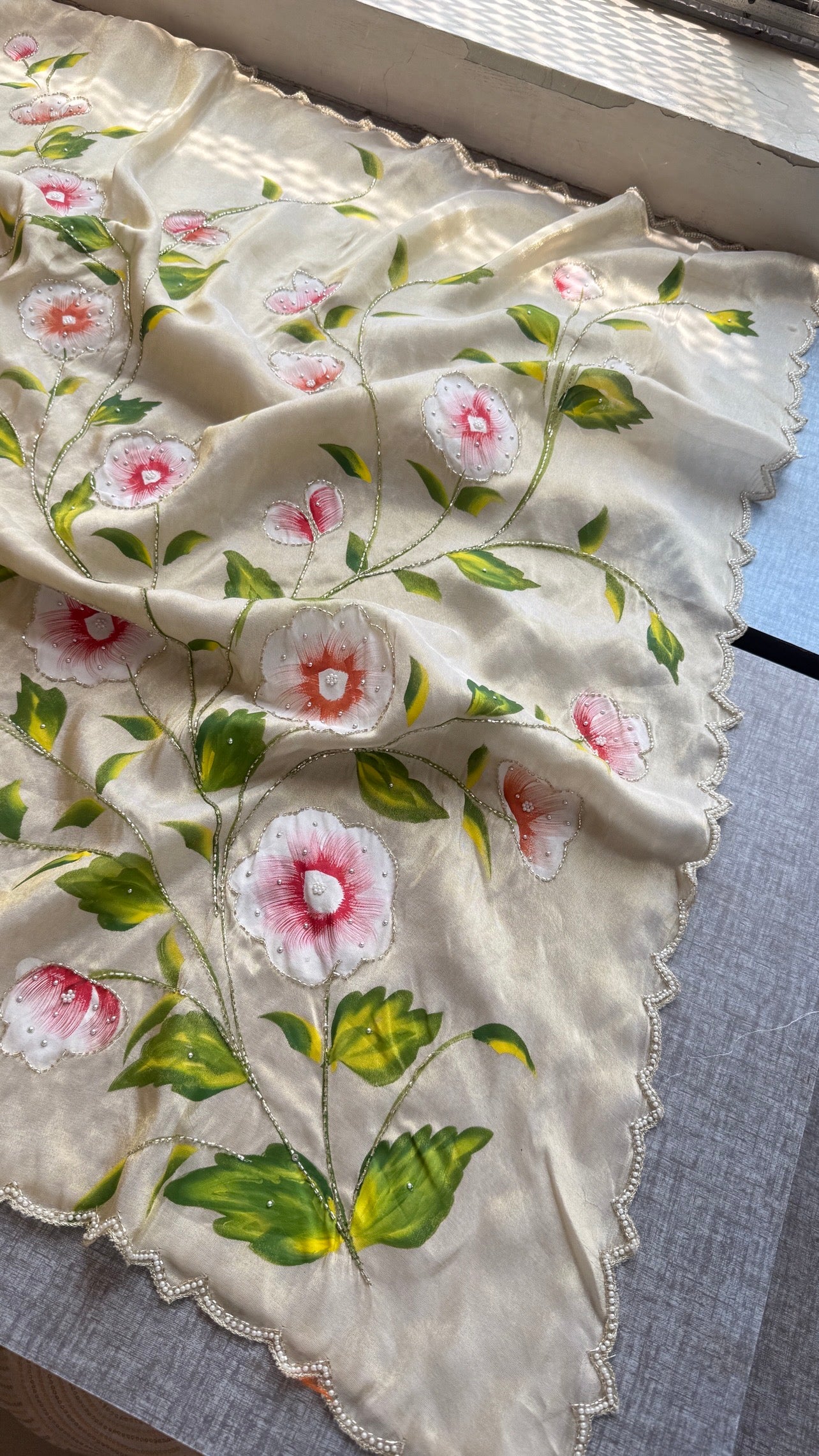 Pure cosmo silk hand painted Saree intricate with sequins and kutdana work