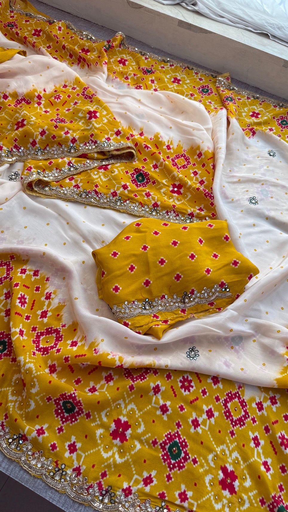 Soft Munga Silk Digital Print Saree with Zardozi, Kutdana, Pearl, Sequins & Stone Work with Designer Blouse