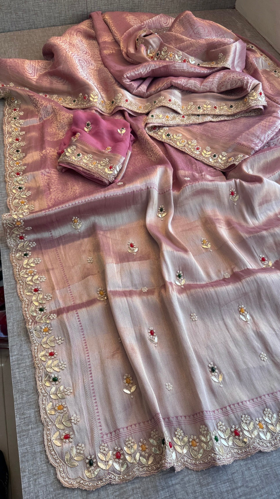 Royal Khaddi Georgette Banarasi Zari Weaving Saree with Gotapatti & Jewellery Stone Embellishment