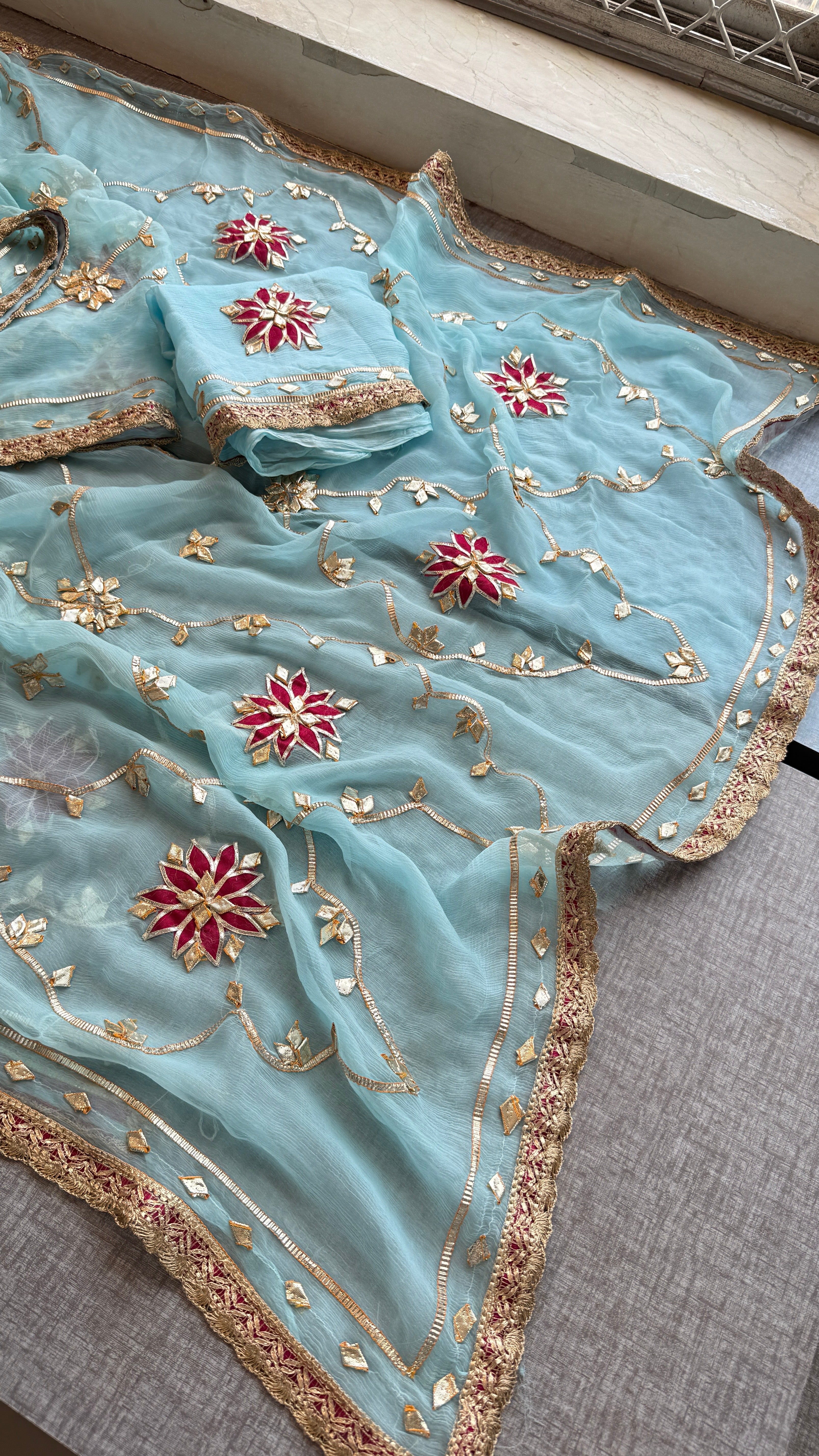 Firozi Chiffon Sikhiya Gotapatti All over Jaal Saree